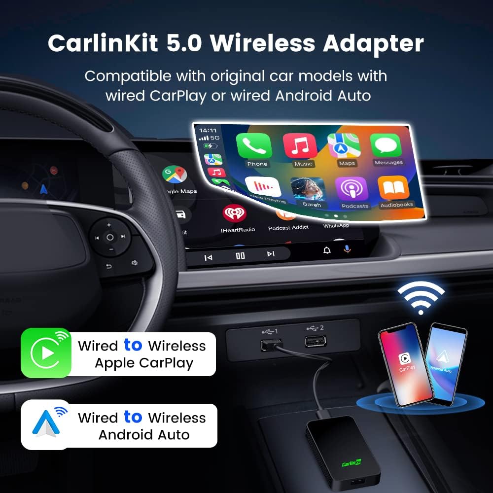 CarlinKit 5.0 Wireless CarPlay & Android Auto Adapter - Convert Wired to Wireless, Plug & Play, Auto Connect, No Delay, Online Update - Perfect for Tesla, BMW, Toyota, Honda & More (Model CPC200-2air)