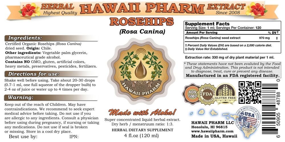 Organic Rosehips (Rosa Canina) Liquid Extract Tincture - Herbal Supplement for Immune Support & Skin Health - Hawaii Pharm USA Made - 4 fl.oz (Pack of 15) - Perfect for Tea, Smoothies & DIY Beauty Recipes