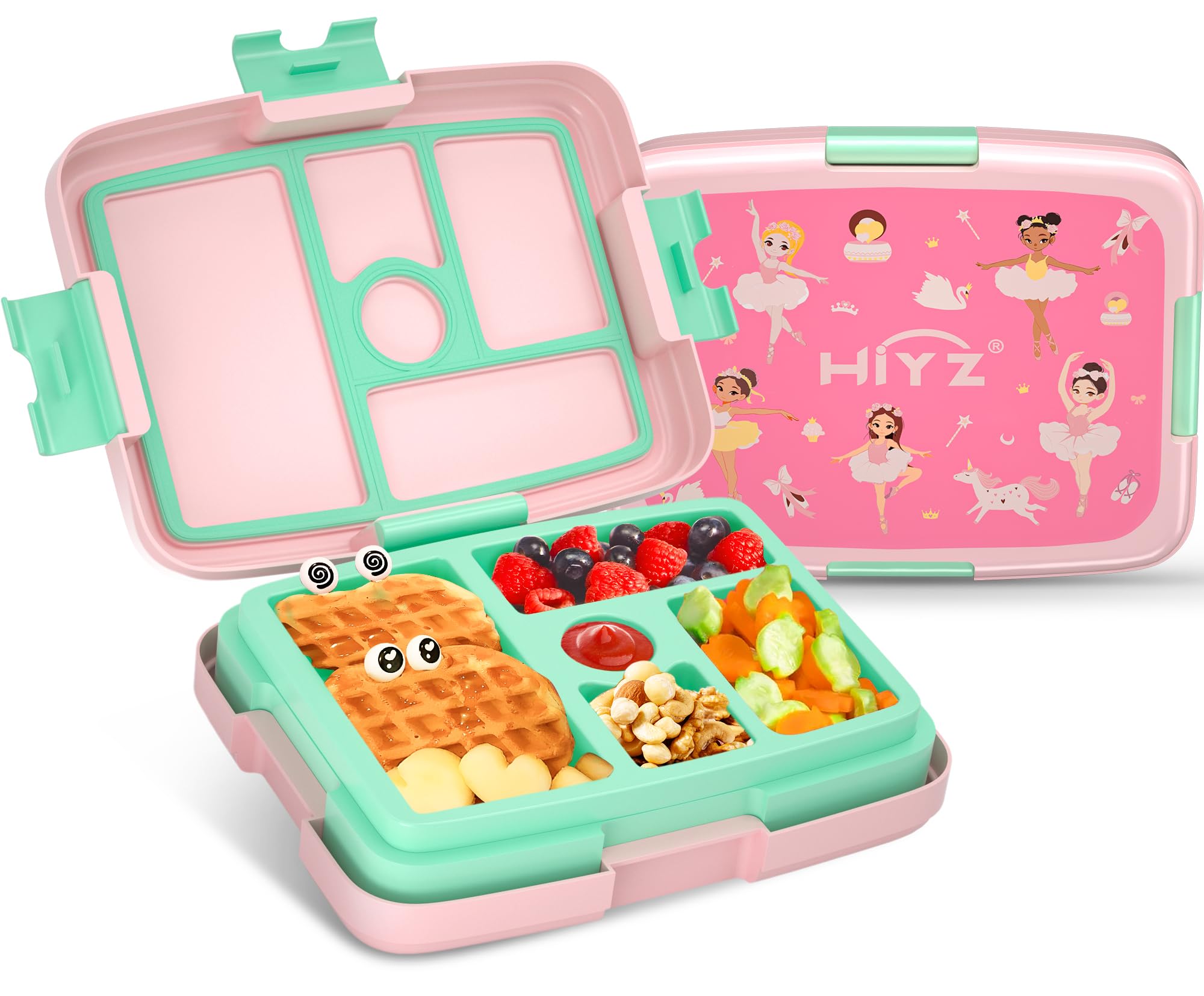HiYZ 5-Compartment Bento Lunch Box for Kids - Leakproof, Durable & Dishwasher Safe - Perfect Portion Sizes for Toddlers Aged 3-7 - Ballet Design for Daycare, School & Picnics