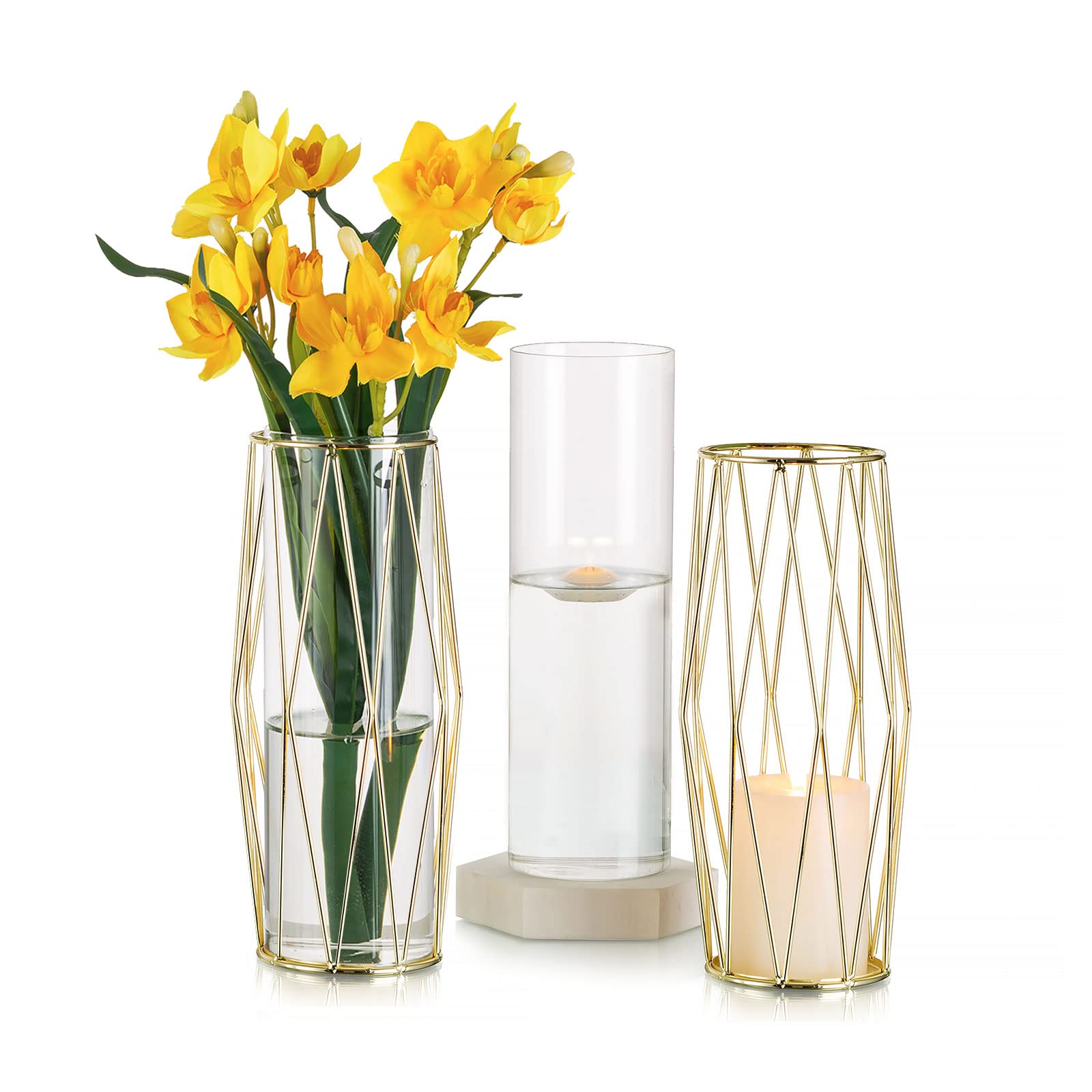 Glasseam Gold Flower Vases Set of 2 - 11 Inch Modern Geometric Metal Vases for Home Decor, Wedding Centerpieces & Table Decorations | Perfect for Living Room, Dining Table & Event Decor