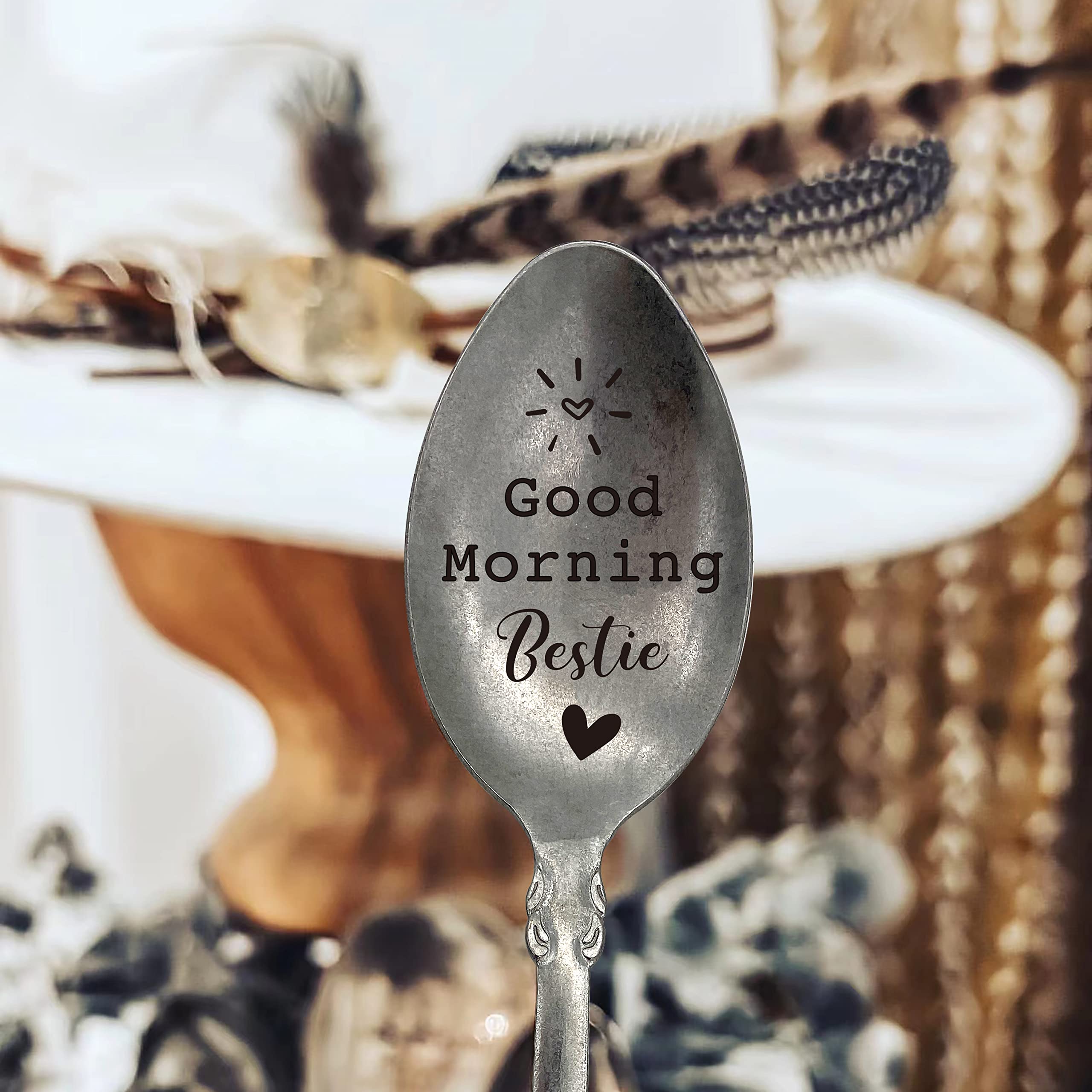 Stainless Steel Engraved Spoon - Bestie Gift with Retro Matte Long Handle for Coffee, Tea, Dessert & Ice Cream | Perfect Birthday, Graduation, Christmas Present for Sisters & Friends | Thoughtful Friendship Keepsake for Daily Use & Special Occasions