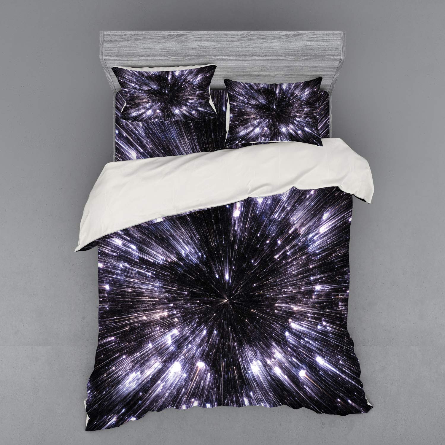 Ambesonne Galaxy Duvet Cover Set - Queen Size 4-Piece Bedding with 2 Pillow Shams & Fitted Sheet - Space Travel Universe Science Fiction Design in Violet Black White - Perfect for Sci-Fi Lovers' Bedrooms & Space-Themed Decor