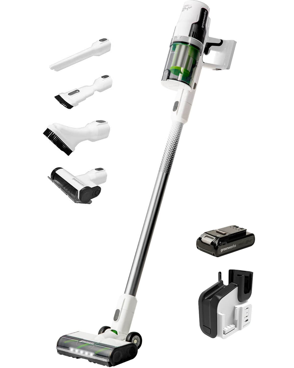 Greenworks 24V Brushless Cordless Stick Vacuum Cleaner - 500W Powerful Suction, Ultra Lightweight Design with LED Lights, Includes 4Ah USB-C Battery & 30-Min Fast Charger (White) - Perfect for Hardwood Floors, Carpets, Pet Hair, and Quick Home Cleaning