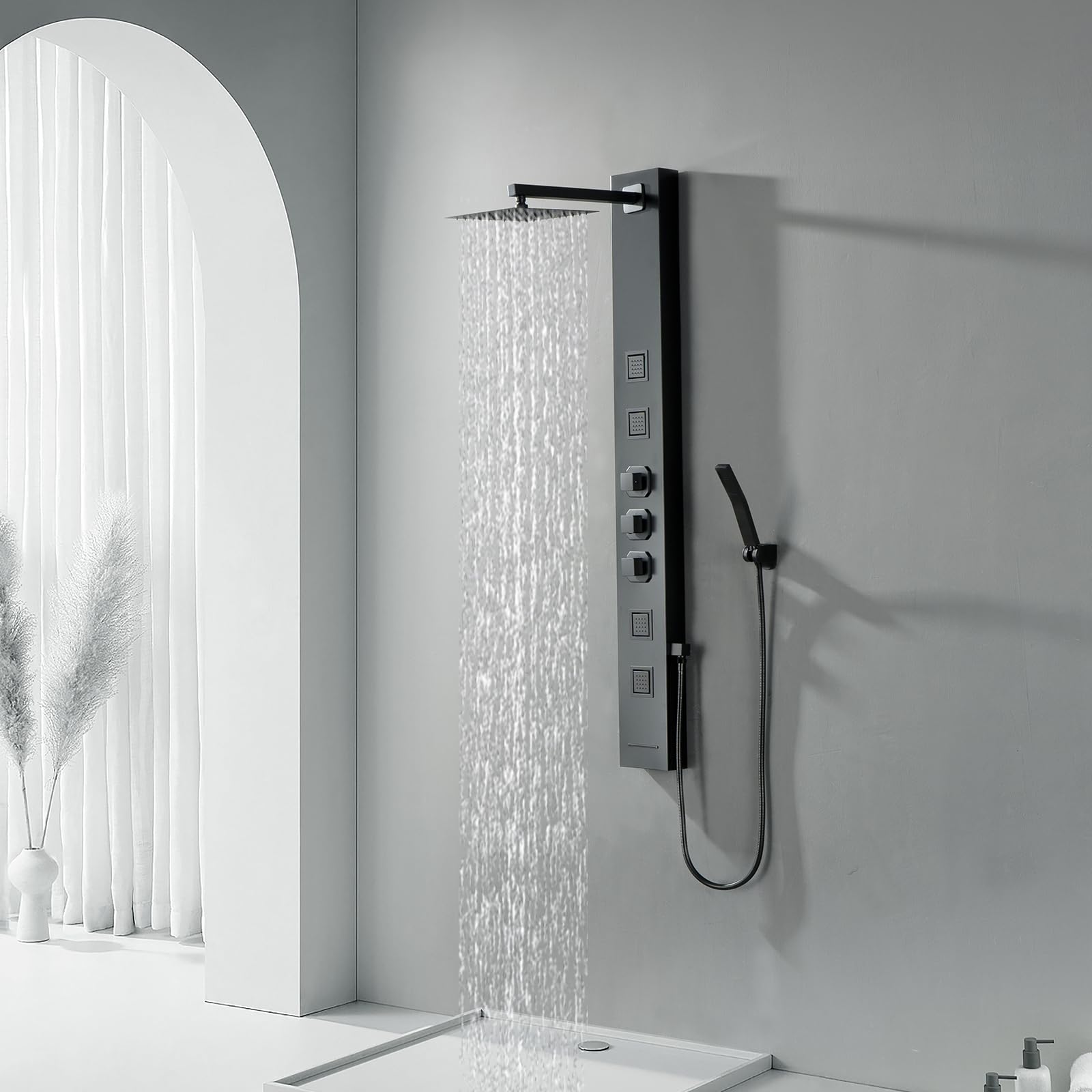 BWE Stainless Steel Shower Panel System - Rainfall Shower Head with 4 Massage Body Jets & Handheld Sprayer - Wall Mount Multi-Function Bathroom Shower Set for Spa-Like Experience at Home