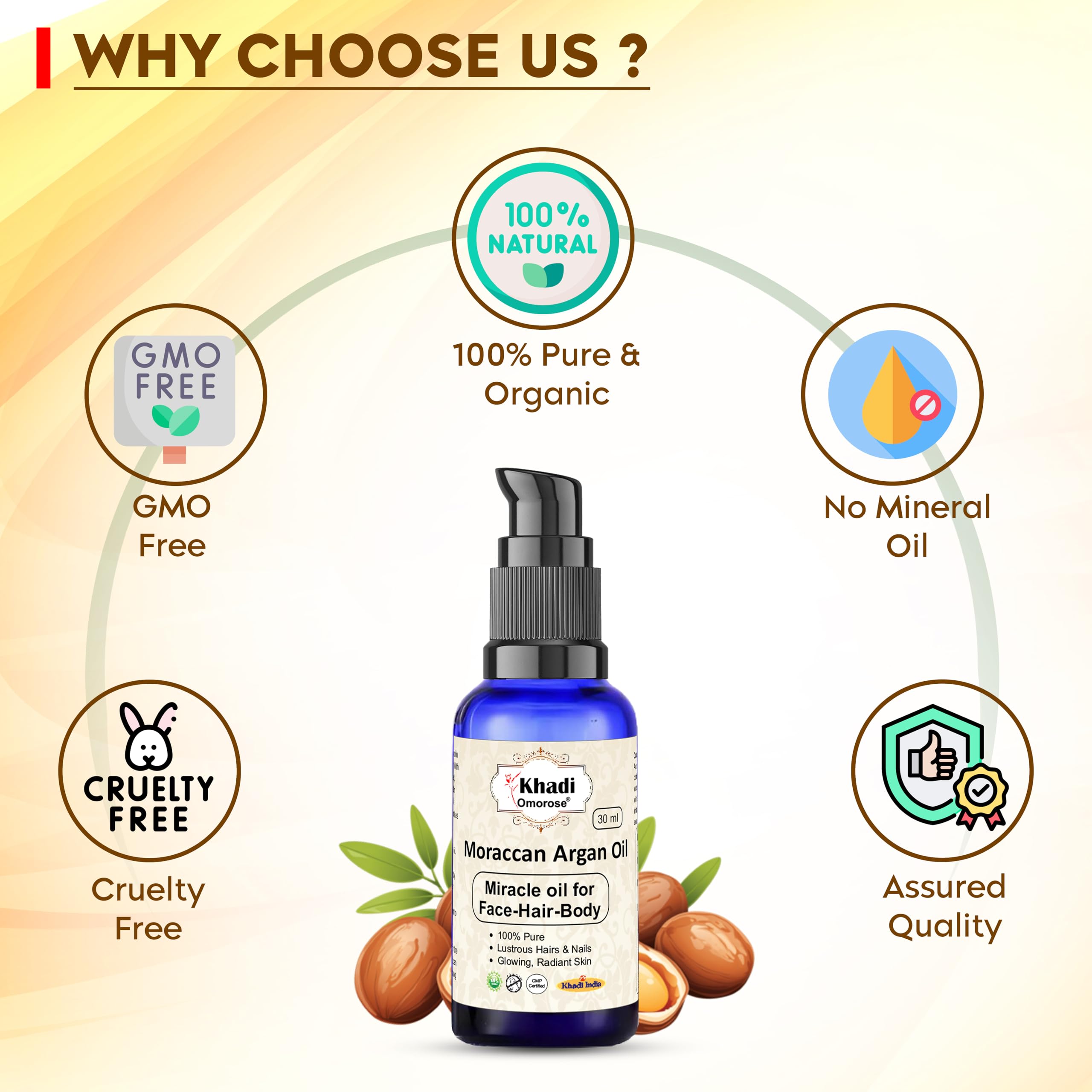 Organic Cold Pressed Khadi Omorose Moroccan Argan Oil - 30ml for Skin, Hair & Anti-Aging Face Care - Perfect for Daily Moisturizing, Hair Repair & Youthful Glow