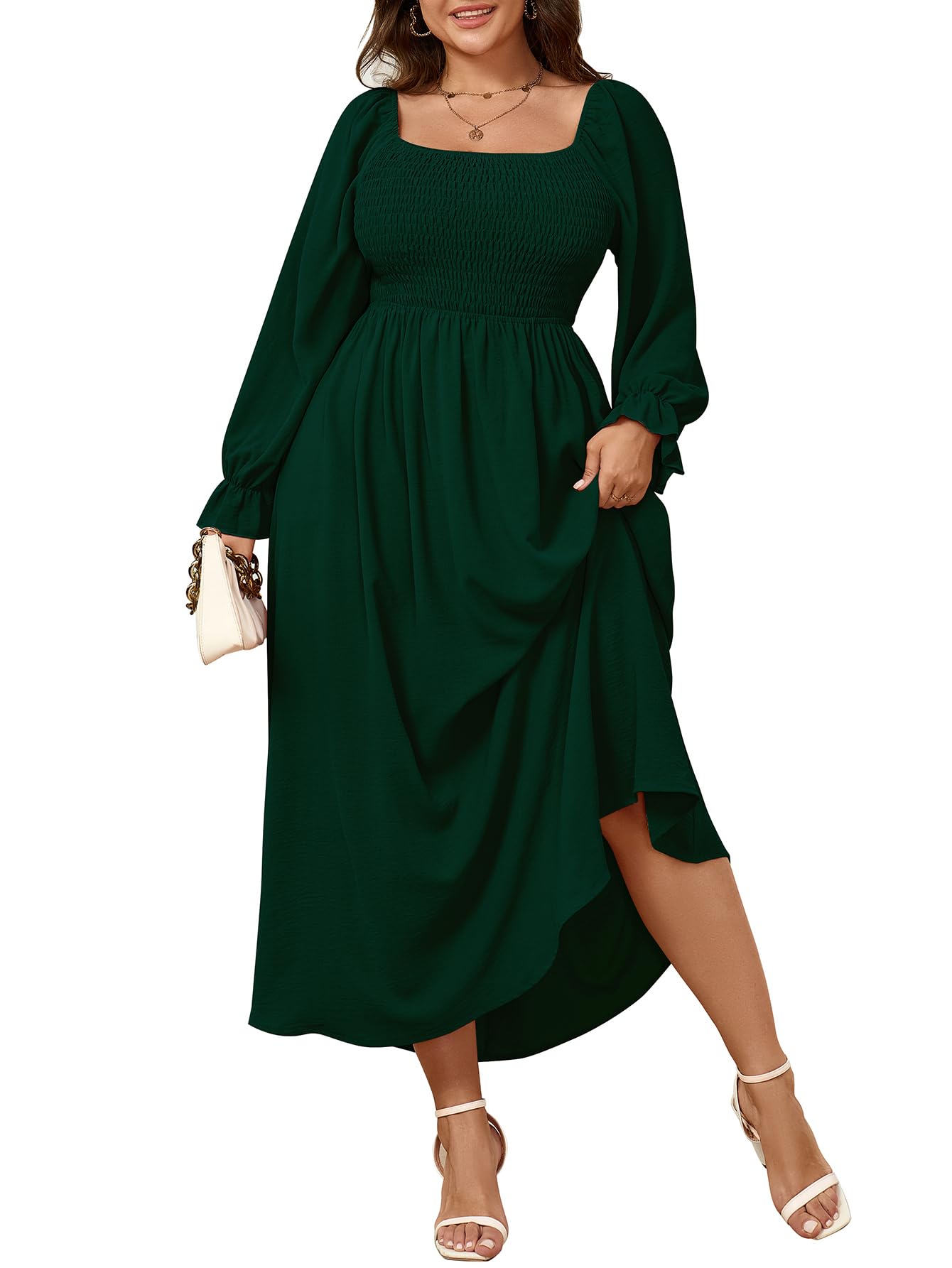 Plus Size Women's Maxi Dress - Long Sleeve Square Neck Smocked Flowy A-Line Boho Dress for Wedding, Party & Special Occasions | Elegant & Comfortable Formal Wear for Curvy Women