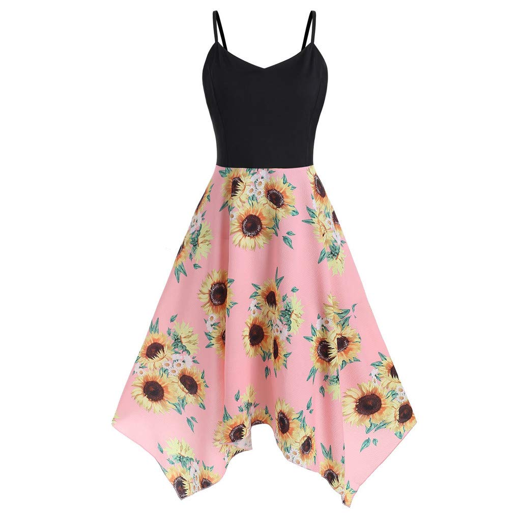 iQKA Women's Sunflower Print Mini Dress - Plus Size Asymmetric Camisole Summer Beach Dress for Vacation, Pool Party & Casual Outings