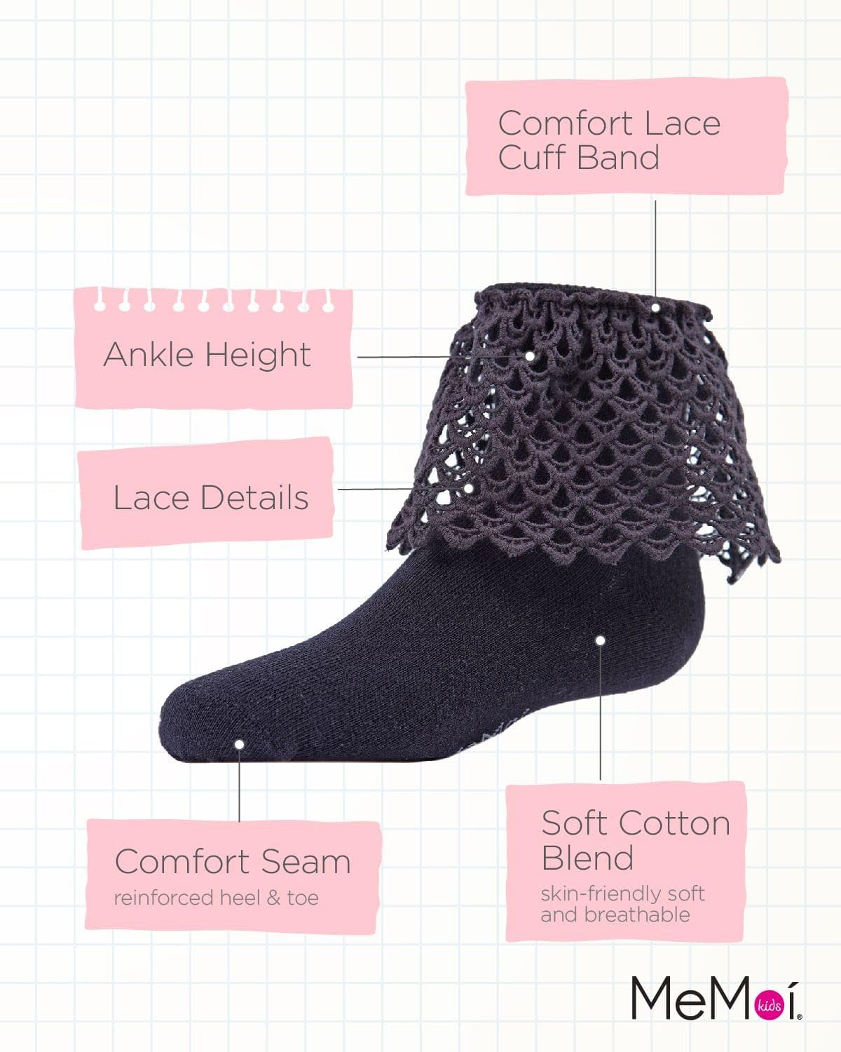 MeMoi Girls Lacy Loopsy Cotton Blend Ankle Socks - Comfortable & Stylish for School, Play & Everyday Wear
