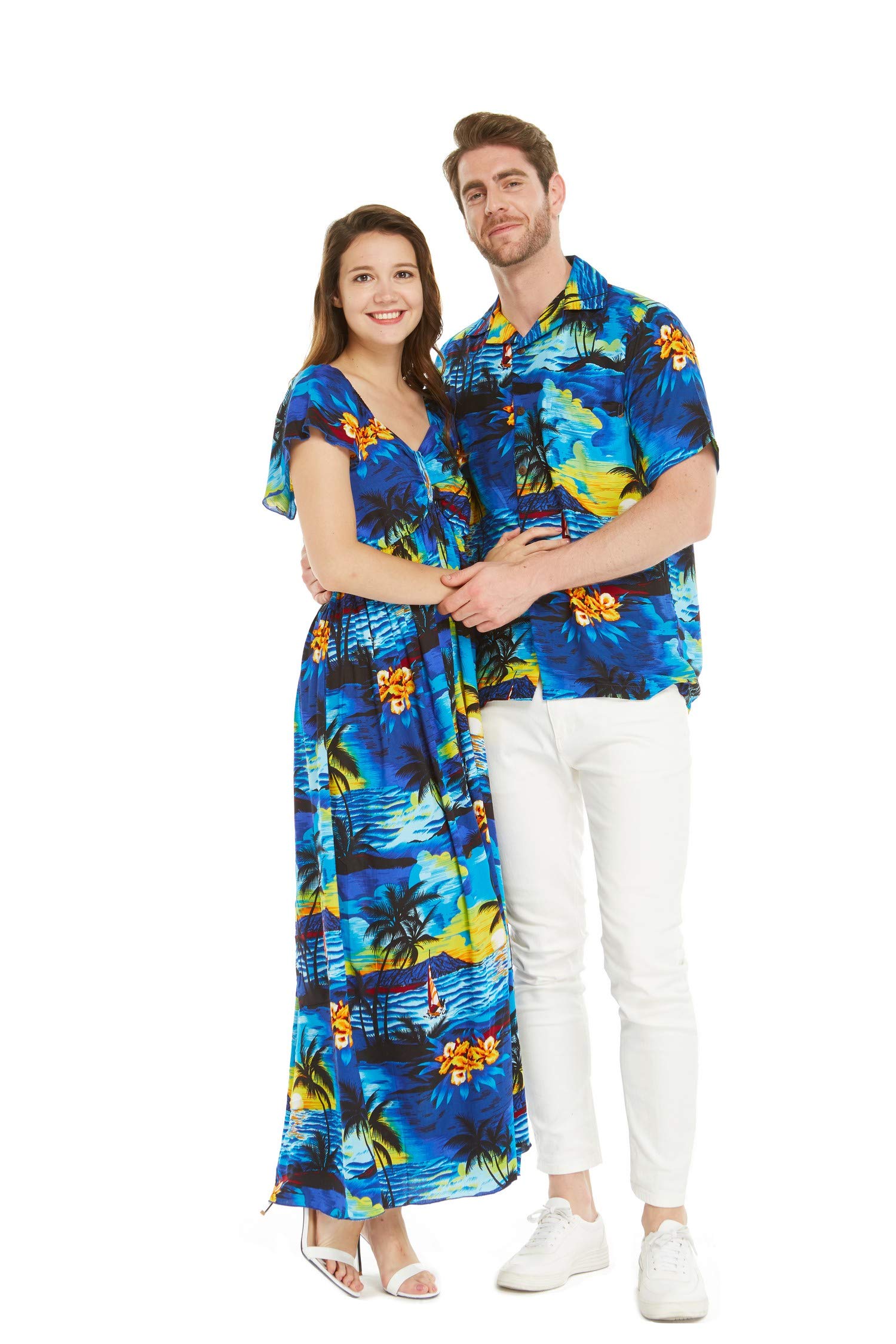 **Sunset Blue Matching Hawaiian Luau Aloha Shirt & Maxi Ruffle Sleeve Dress for Couples – Perfect for Beach Vacations, Summer Parties, and Tropical Getaways**