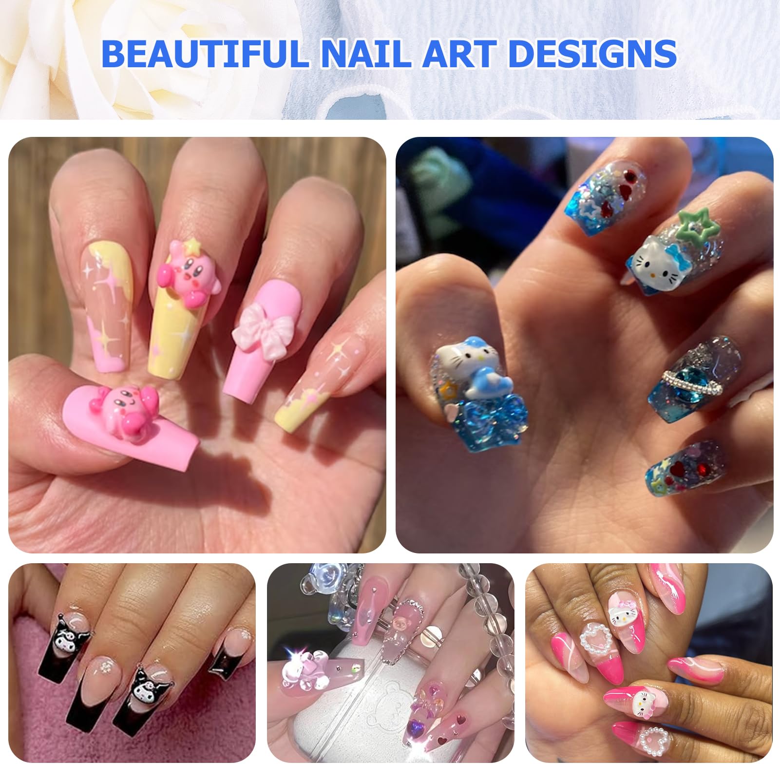 3D Nail Charms Kit - Kawaii Kitty, Bowknot, Lollipop, Bear, Planet & Cross Nail Art Decorations with Rhinestones & Pearls for DIY Nail Design - Perfect for Manicures, Salon Use & DIY Crafts Accessories