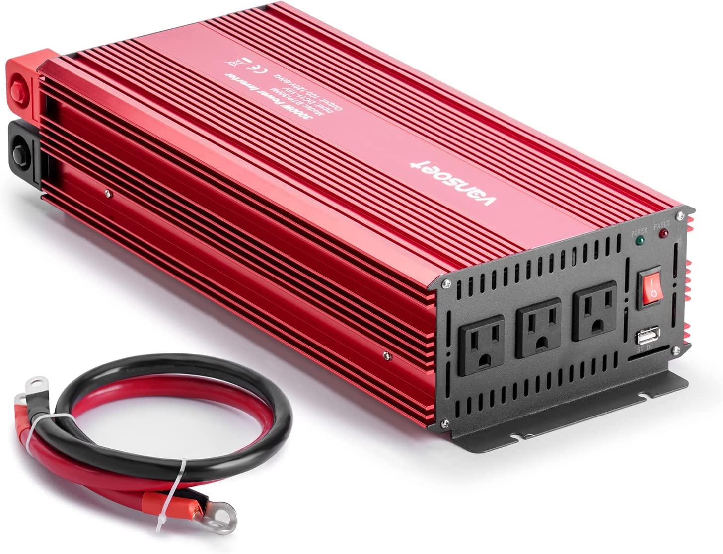 3000W Power Inverter 12V DC to 120V AC with 3 Outlets & USB Port - Car Inverter for RV, Truck, Boat - Battery Cables Included (Red) - Perfect for Charging Laptops, Powering Appliances & Emergency Power Supply