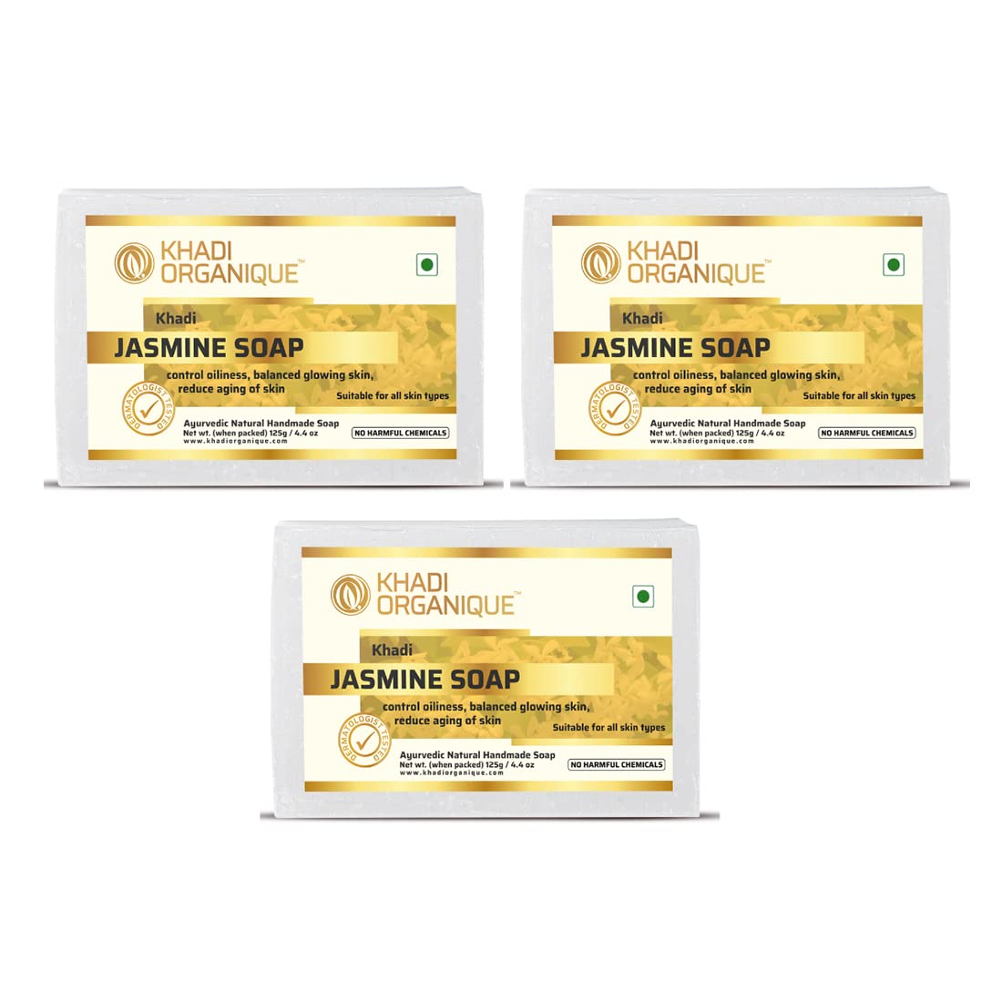 Khadi Organique Handmade Jasmine Soap - Pack of 3 | Natural & Organic Skincare by Dominion Care | Perfect for Sensitive Skin & Daily Cleansing