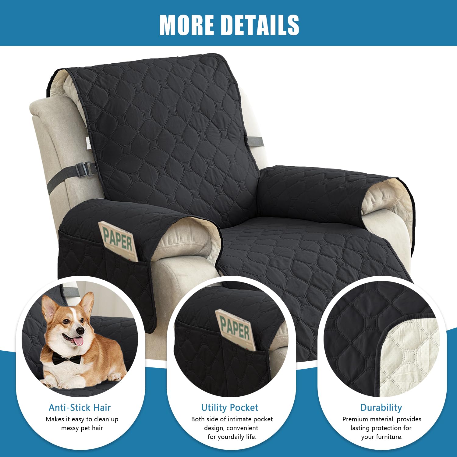 100% Waterproof & Non-Slip Recliner Sofa Slipcover - Washable Pet-Friendly Chair Cover with Elastic Straps, Universal Reclining Furniture Protector (Black, 28