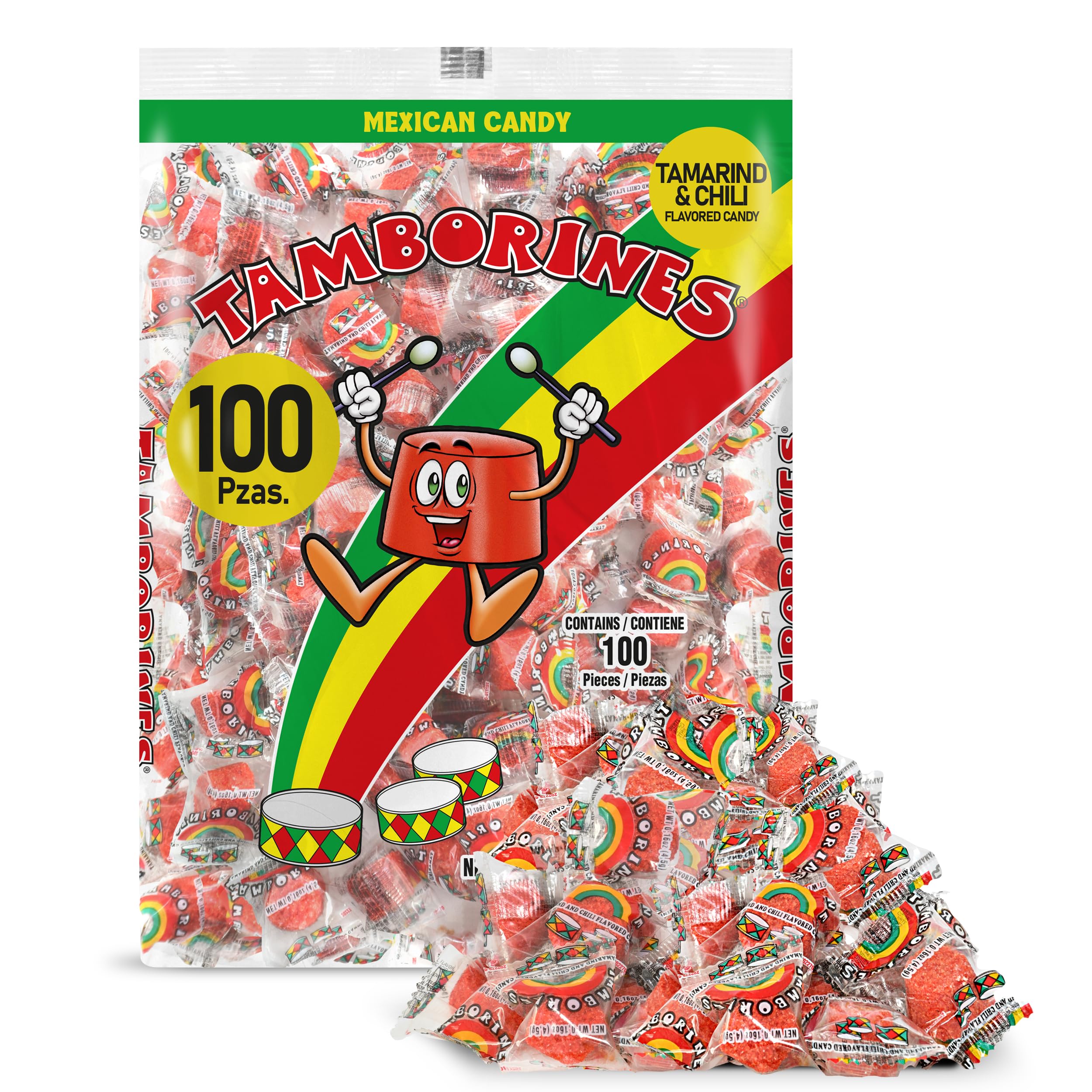 Mexican Hot Candy - Tamborines Enchilados 100 Pieces (15.85 oz) | Spicy Tamarind Treat for Parties, Snacking & Mexican Cuisine