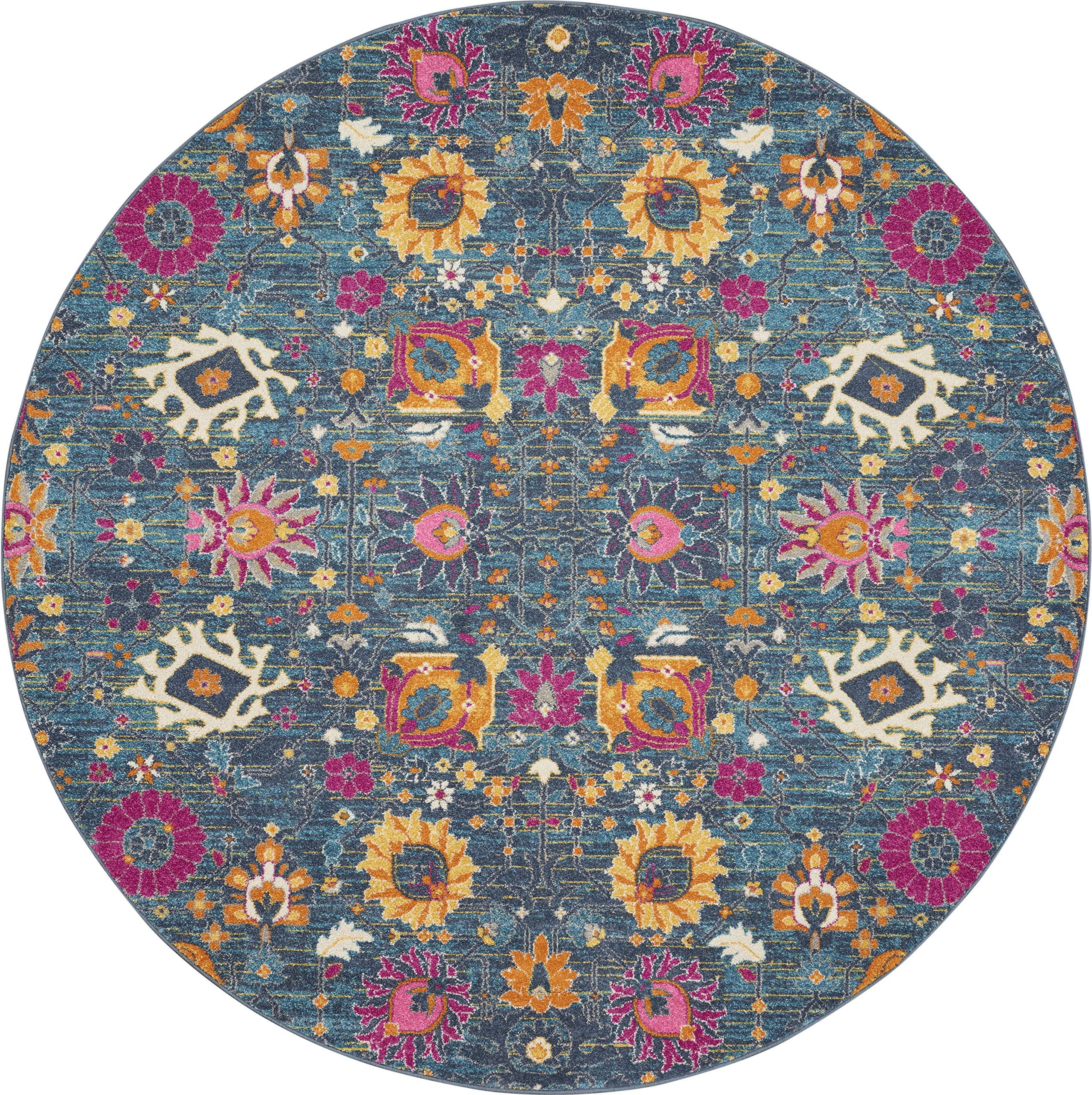 Nourison Passion Denim 8' Round Boho Moroccan Area Rug - Non-Shedding & Easy to Clean - Perfect for Living Room, Bedroom, Dining Room or Kitchen Decor