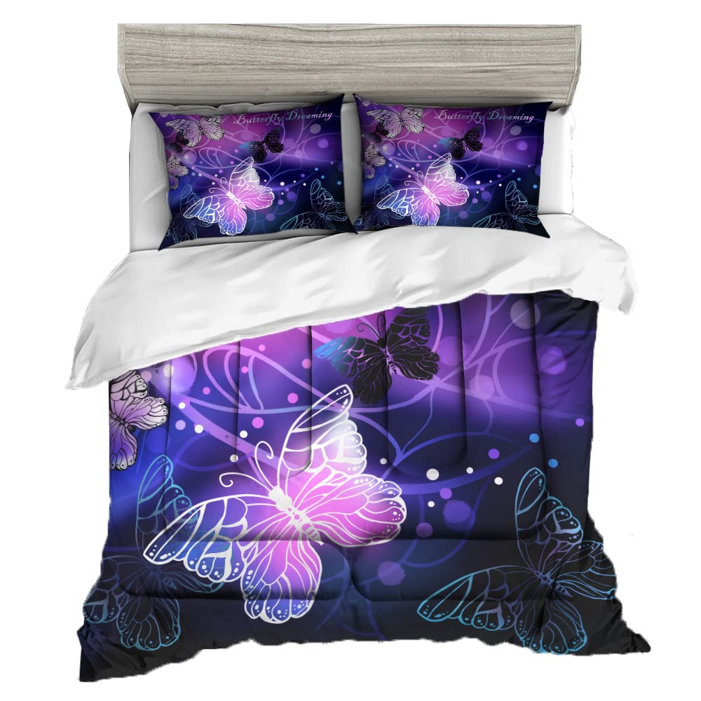 Sunnycitron 3D Purple Butterfly Bedding Set - Queen Size Comforter with 2 Pillowcases | Vibrant Neon Butterfly Design for Girls & Teens | Fade Resistant & Machine Washable | Perfect for Bedroom Decor, Sleepovers & Teen Room Makeover