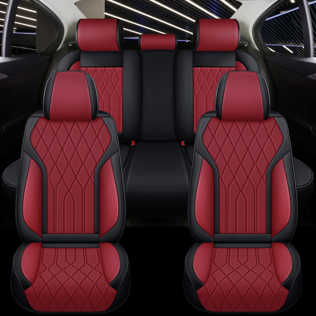 Breathable Red & Black Leather Car Seat Covers - Universal 13-Piece Set for Cars, Trucks, SUVs & Vans | Front & Rear Seat Protection | Durable & Comfortable for Daily Commute & Road Trips