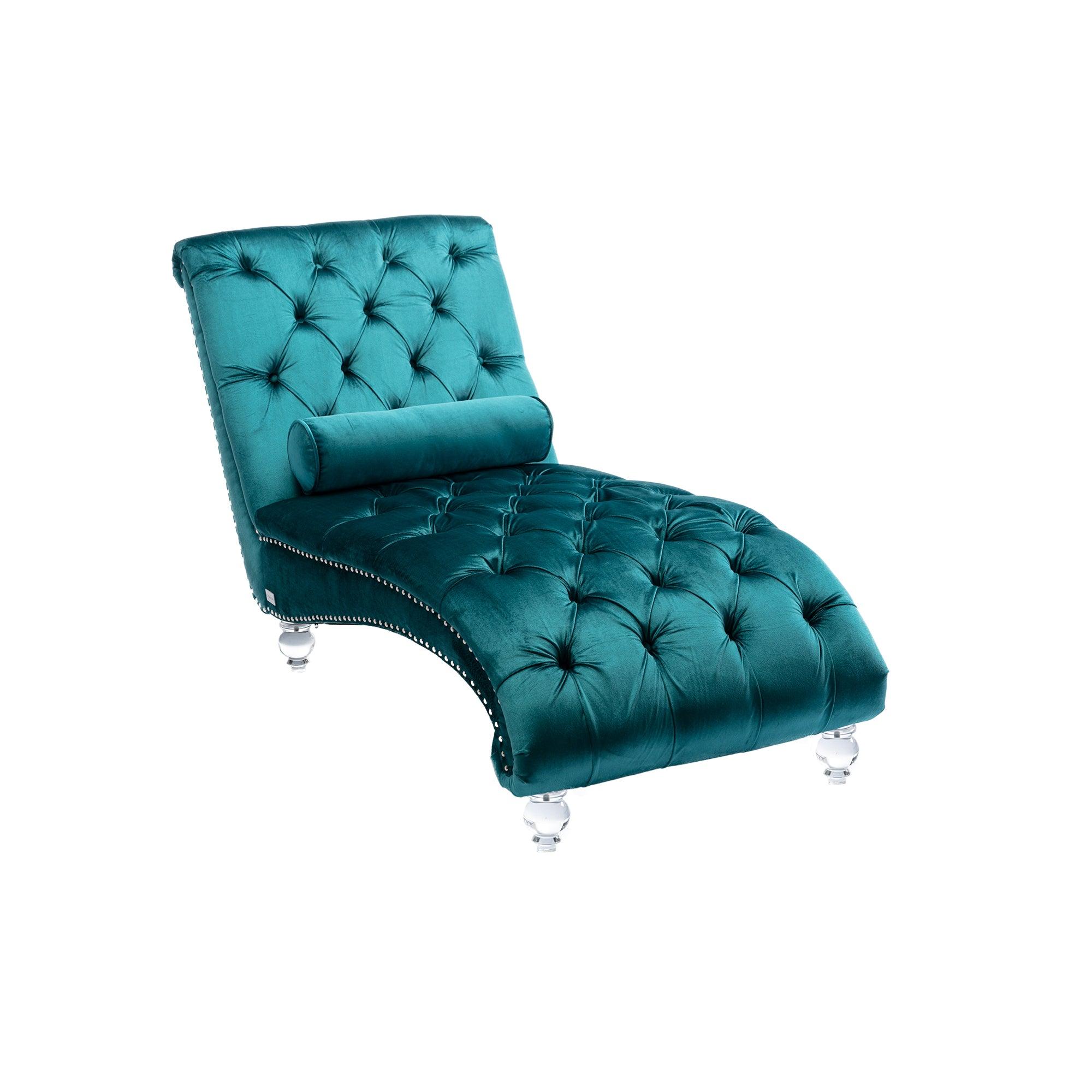 Luxury COOMORE Velvet Chaise Lounge Chair - Button Tufted Upholstered Sofa with Pillow for Bedroom, Living Room & Office - Teal Velvet - Perfect for Reading Nook, Lounge Area & Home Decor