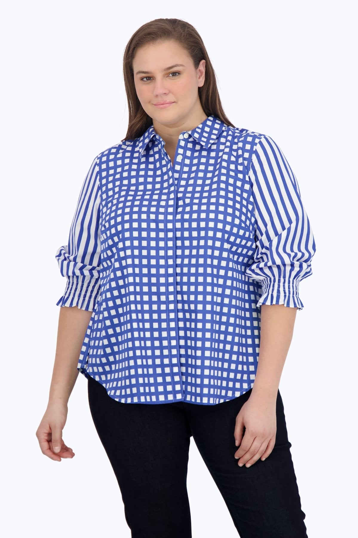 Olivia Plus Gingham Stripe Combo 3/4 Sleeve Shirt for Women - Stylish Casual Blouse for Office, Date Night & Summer Outfits