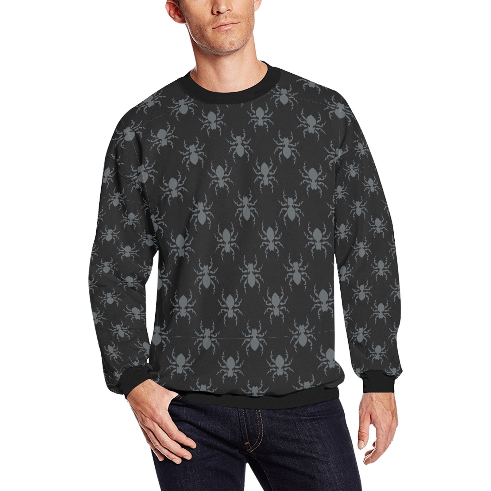 Gothic Spider Print Men's Crew Neck Sweatshirt | Halloween Goth Streetwear | Casual Fall Pullover for Punk Rock Style