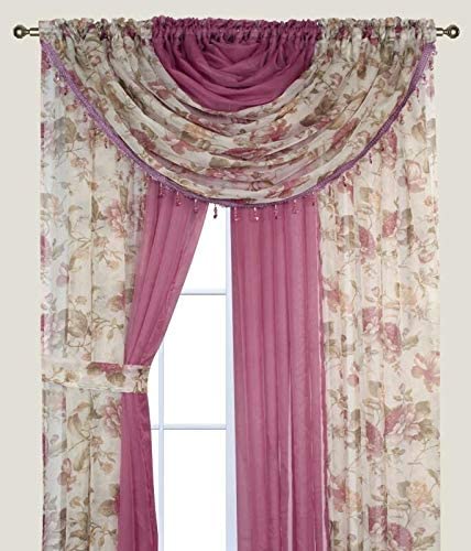 Floral Rose Sheer Curtain Set with Valances - Light Filtering Window Panels for Living Room & Bedroom - 63 Inch Long Pink Flower Design Rod Pocket Drapes - Bedroom Decor, Home Decor, Housewarming Gift