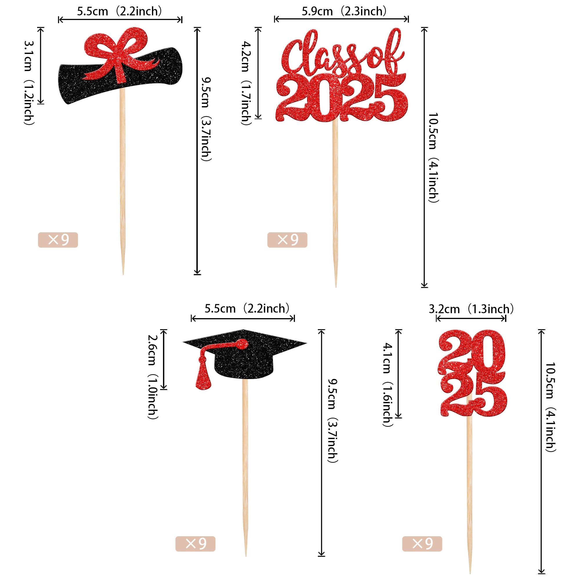 36 PCS 2025 Graduation Cupcake Toppers - Glitter Class of 2025 Caps & Diplomas Cake Decorations for Graduation Party Supplies (Red) - Perfect for Graduation Cakes, Cupcakes, and Dessert Tables