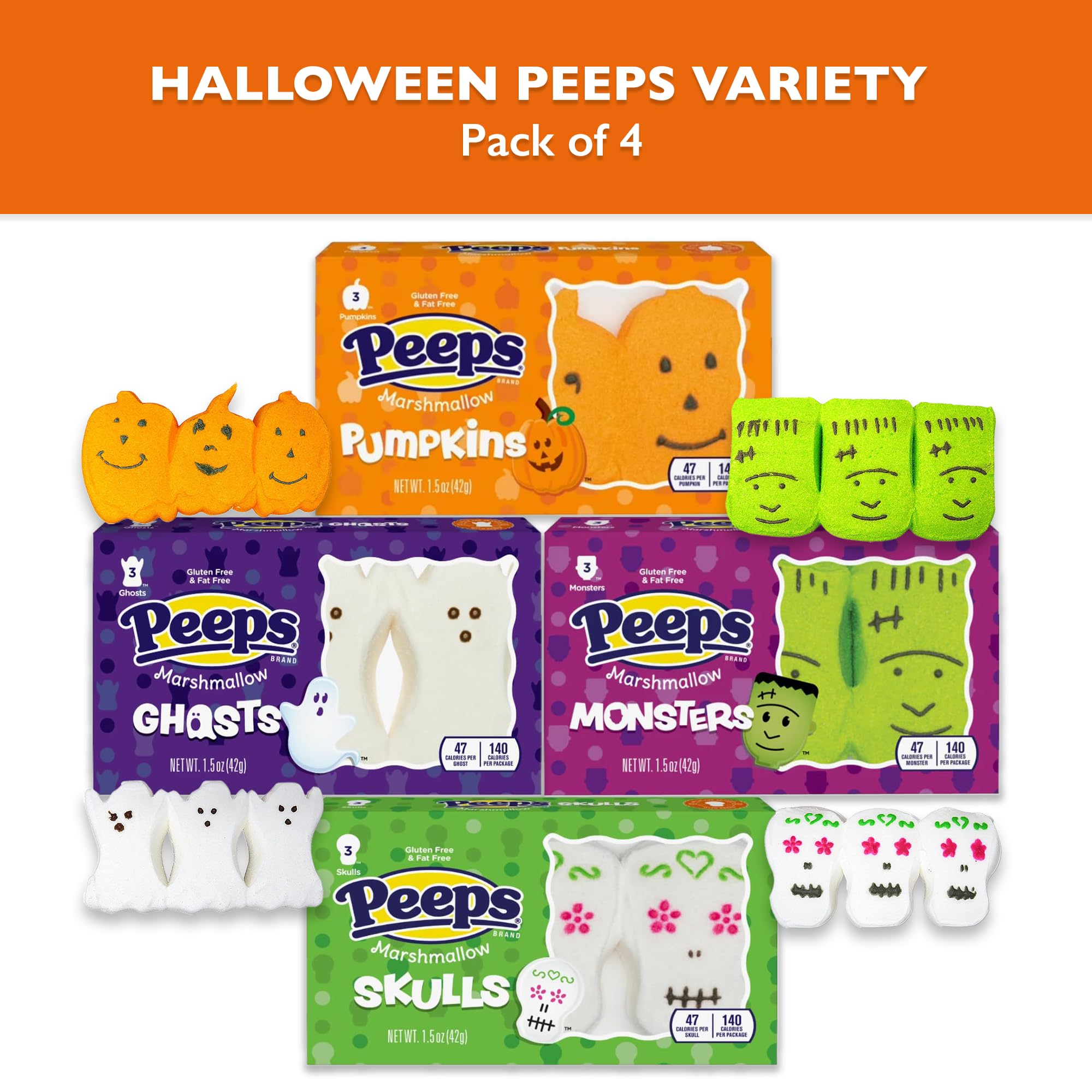 Halloween Peeps Variety Pack - 12 Marshmallow Treats (Ghosts, Skulls, Pumpkins & Monsters) | Spooky Snacks for Parties, Trick-or-Treating & Holiday Desserts | Festive Candy & Food Decorations