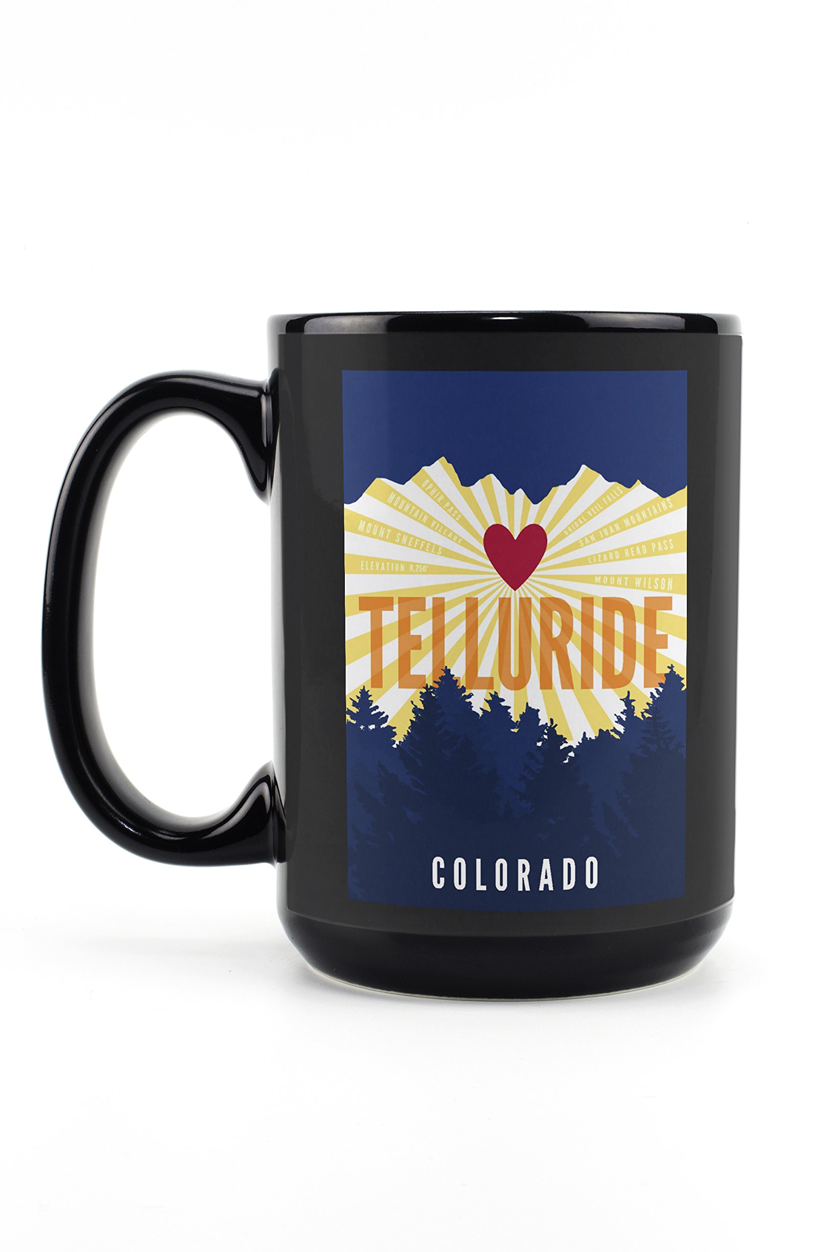 Lantern Press Telluride Colorado Heart and Mountains 15oz Black Ceramic Coffee Mug - Microwave & Dishwasher Safe - Perfect for Home, Office, Camping & Gifts