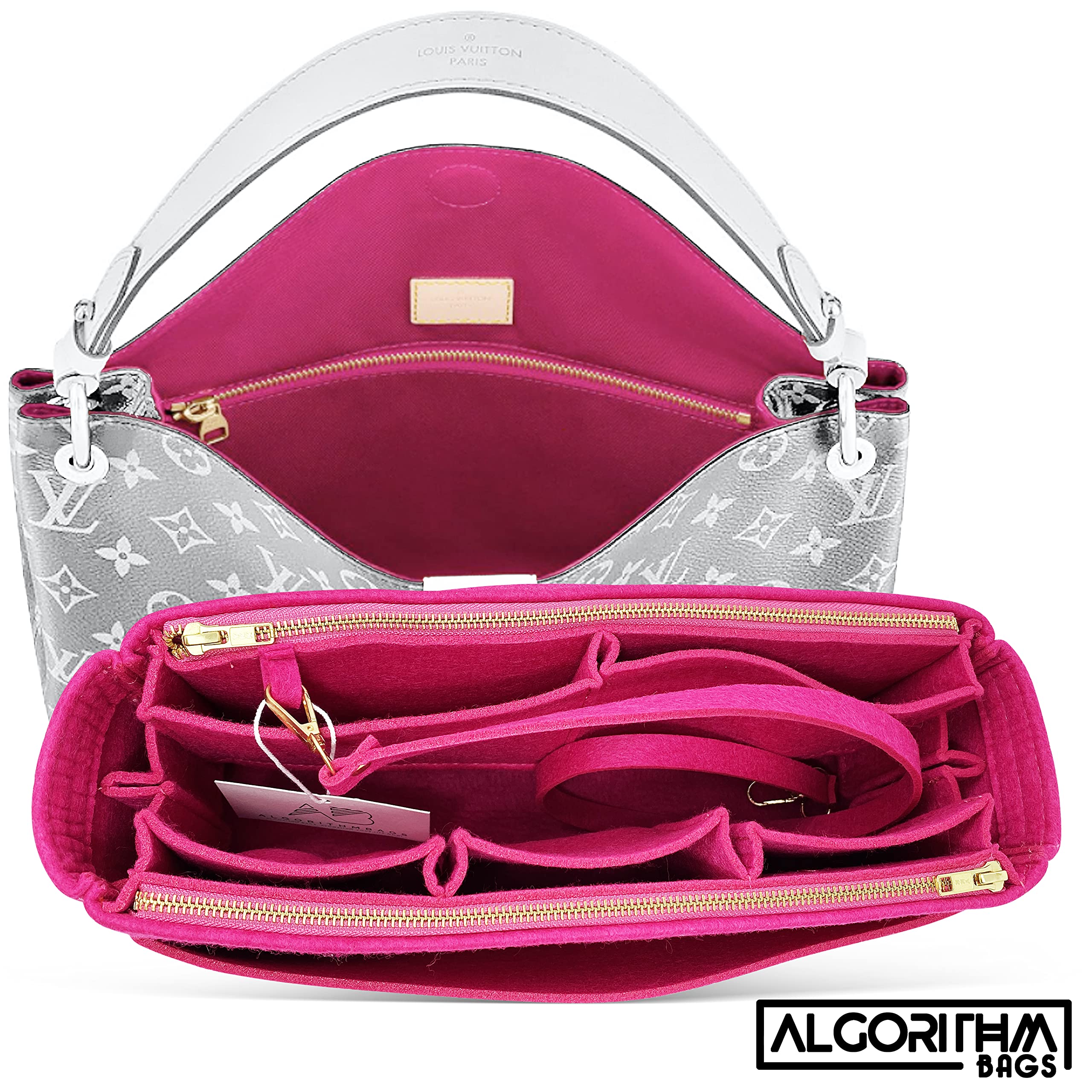 LV Graceful Purse Organizer Insert with Zippers - 3mm Felt Liner Divider Protector for Louis Vuitton Bags (Peony, PM Size) | Perfect for Travel, Work & Daily Use to Keep Your Designer Handbag Organized