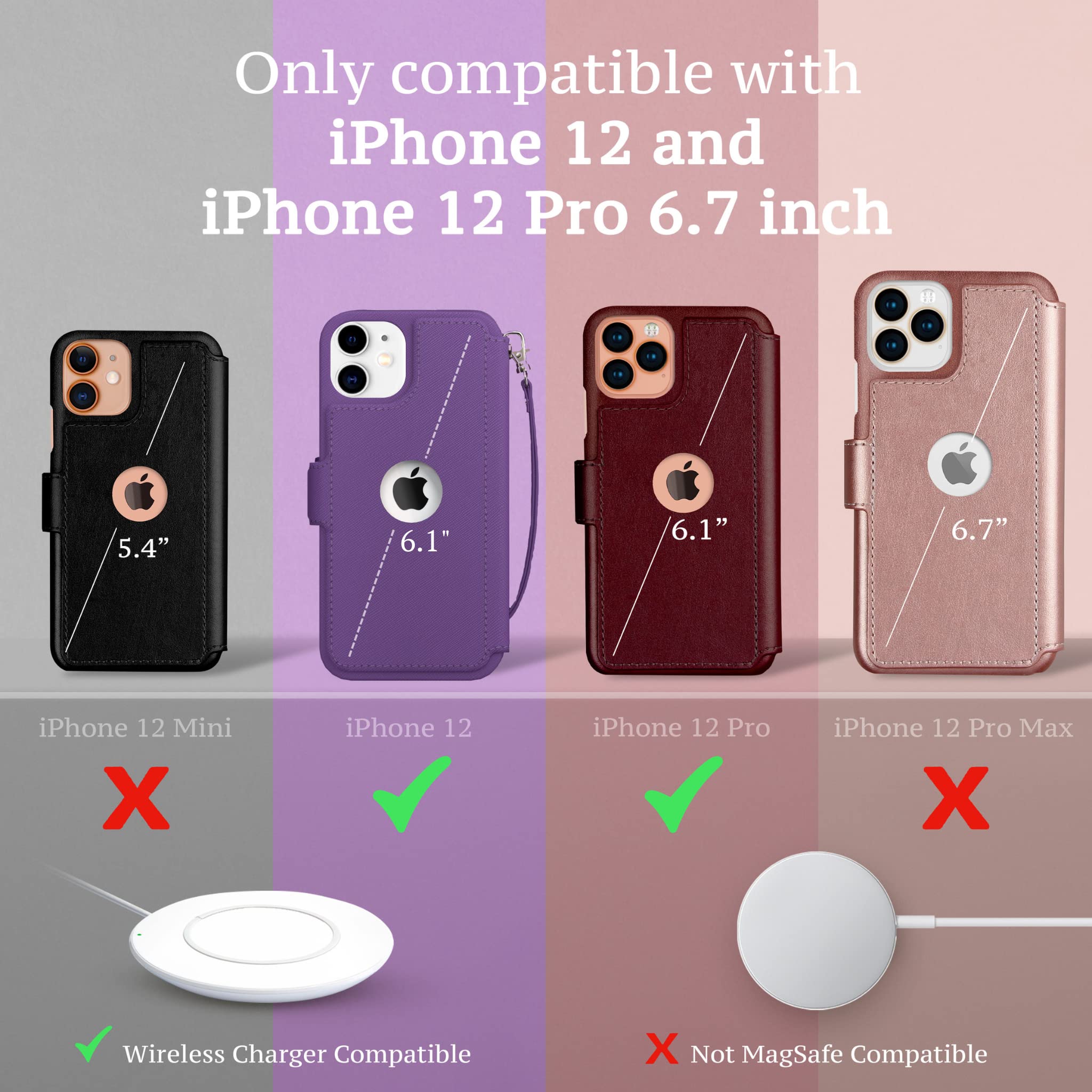 Slim & Durable iPhone 12 Wallet Case with Card Holder - Faux Leather Flip Folio Cover for iPhone 12/12 Pro - Rose Gold (Includes Wrist Strap) - Perfect for Everyday Use, Travel & Hands-Free Convenience