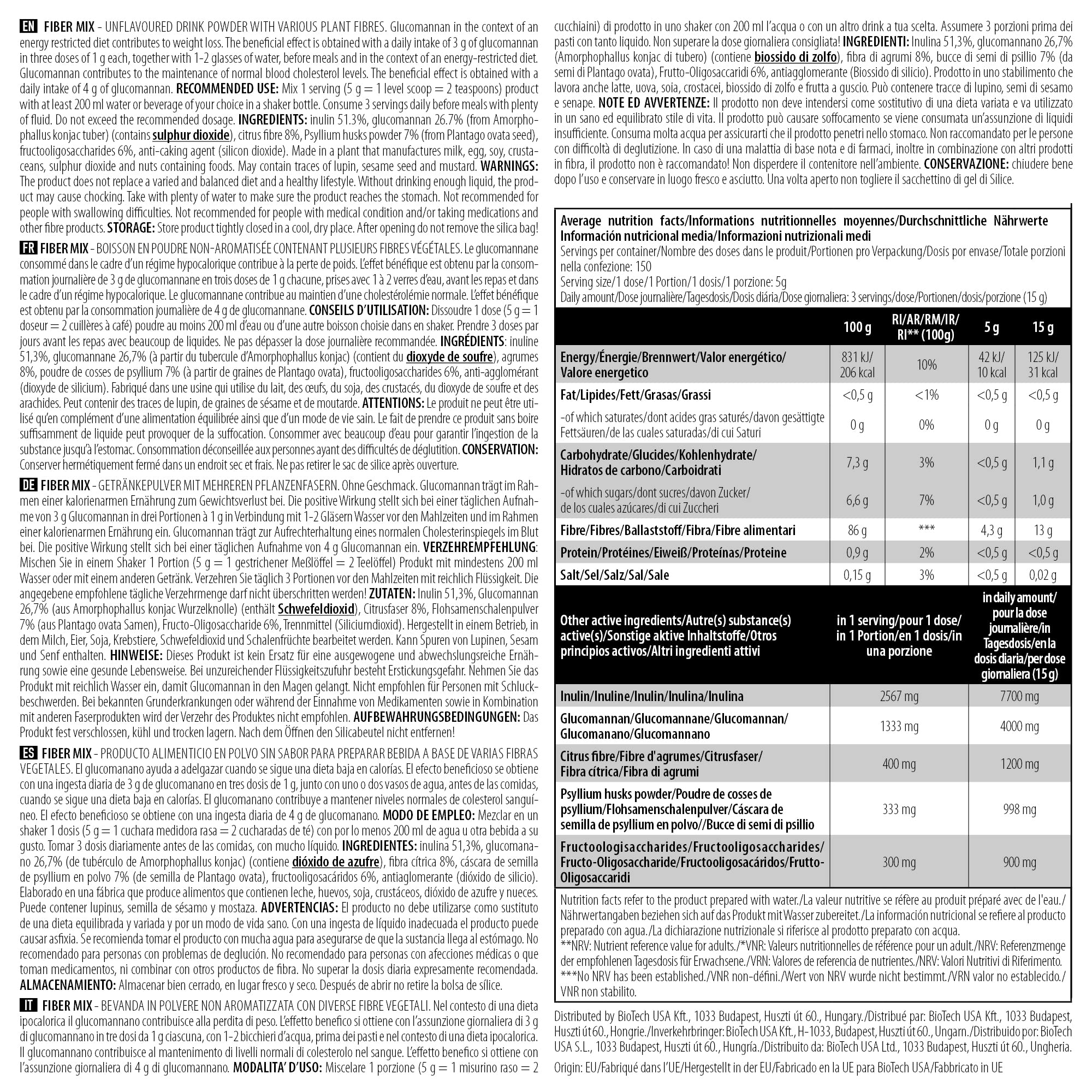 BioTechUSA Fiber Mix Unflavored 750g - Premium Dietary Fiber Supplement for Digestive Health & Weight Management - Perfect for Smoothies, Baking & Daily Nutrition