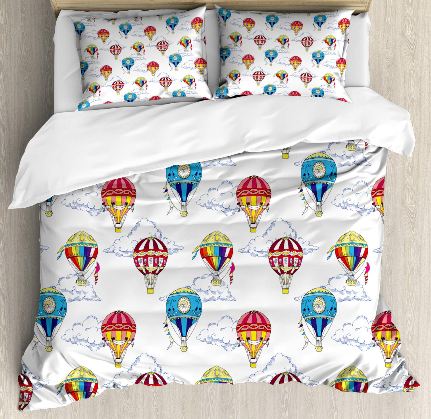 Ambesonne Colorful Duvet Cover Set - Hand Drawn Sketches of Clouds & Hot Air Balloons, 3-Piece Bedding Set with 2 Pillow Shams, Queen Size, Blue Multicolor | Perfect for Kids' Playroom, Nursery Decor & Whimsical Bedroom Design