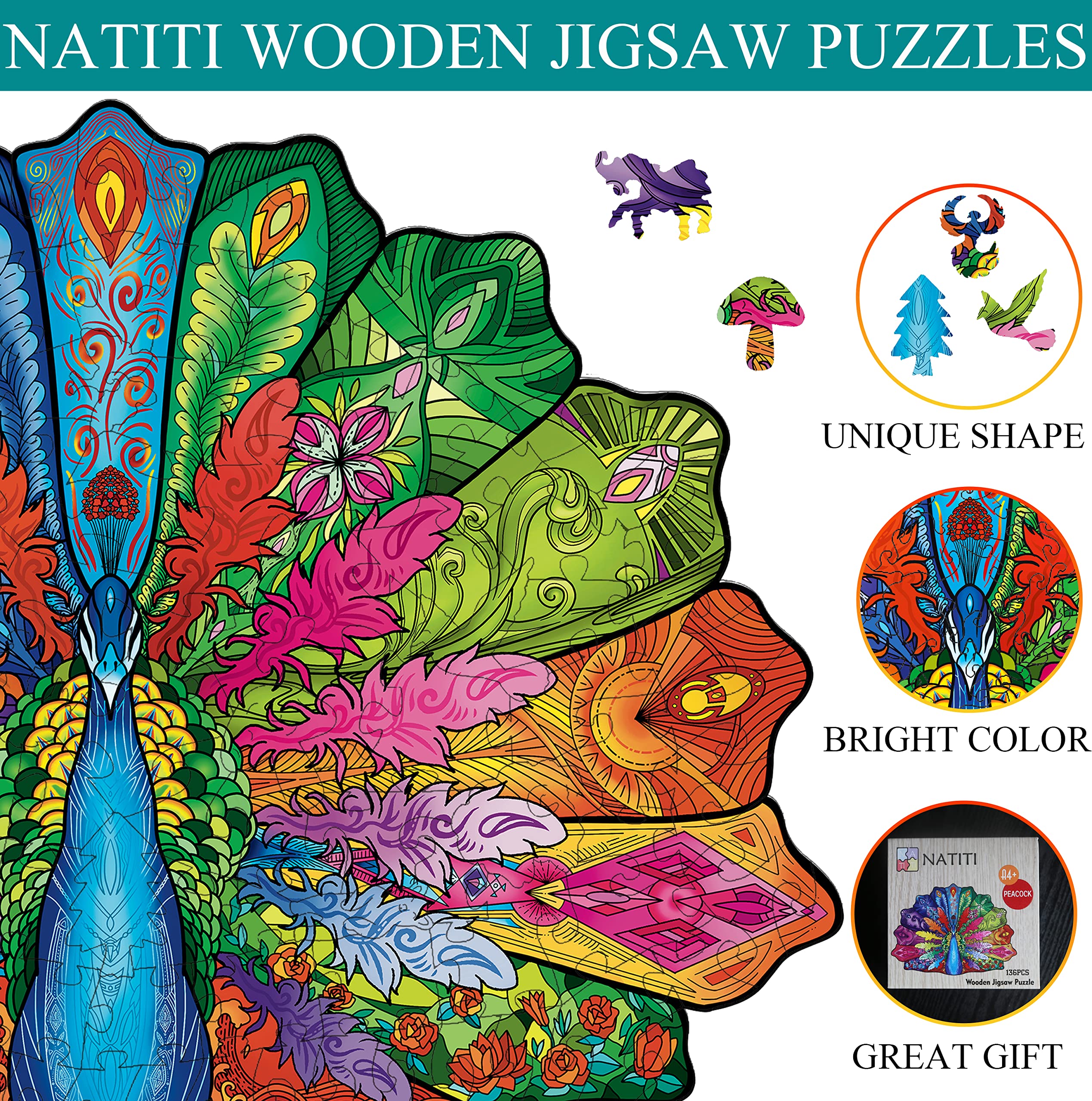 Premium Wooden Jigsaw Puzzles for Adults - 136 Piece Peacock Animal Shaped Puzzle (13.7