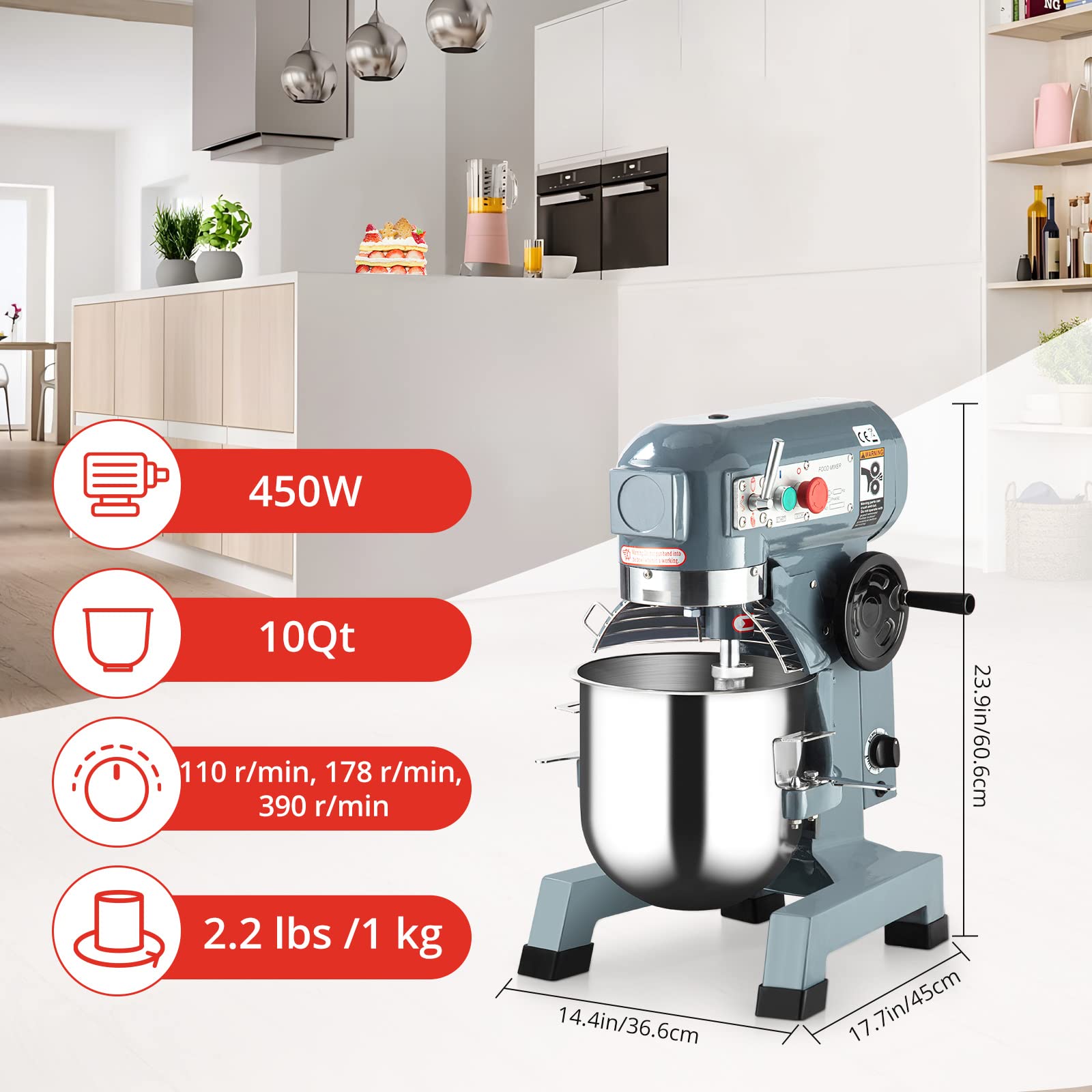 Commercial Food Mixer 10Qt 450W - 3-Speed Heavy Duty Stand Mixer with Stainless Steel Bowl, Dough Hook & Whisk - Professional Kitchen Equipment for Bakeries, Restaurants, Pizzerias - Ideal for Kneading Dough, Mixing Batters & Whipping Creams