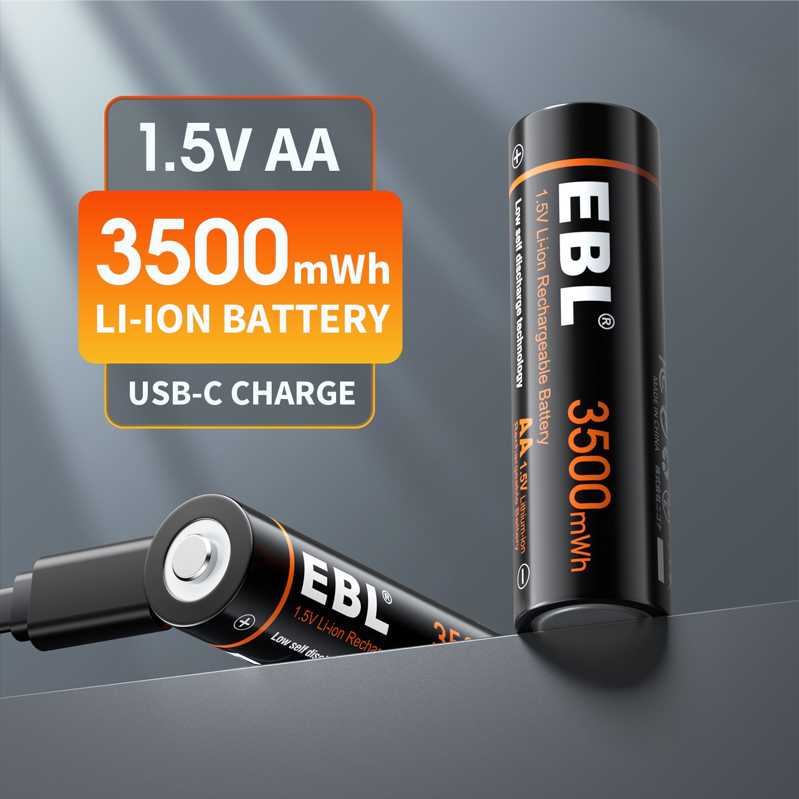 EBL 4-Pack Rechargeable AA Lithium Batteries 3500mWh with USB-C Cable - Long-Lasting Power for Cameras, Flashlights, Gaming Controllers & Smart Home Devices