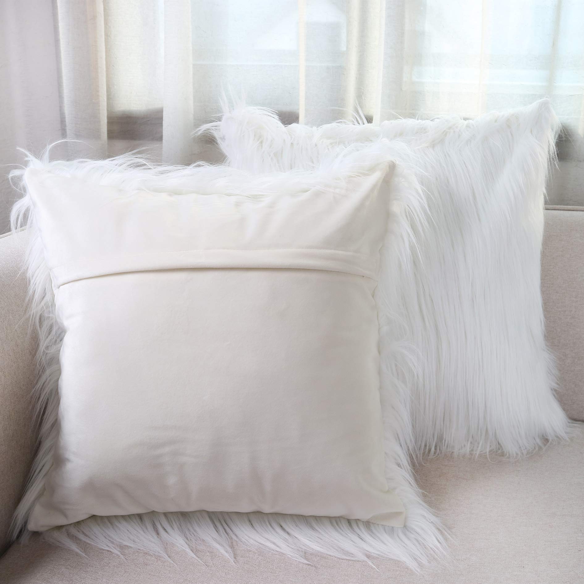 Luxury Faux Fur Throw Pillow Covers 18x18 Inch (45x45cm) - Soft Mongolian Long Fur Square Cushion Covers for Couch, Bed, Sofa - 100% Polyester Home Decor Floor Pillow Cases - Set of 2 Bright White - Perfect for Living Room, Bedroom & Cozy Home Decor