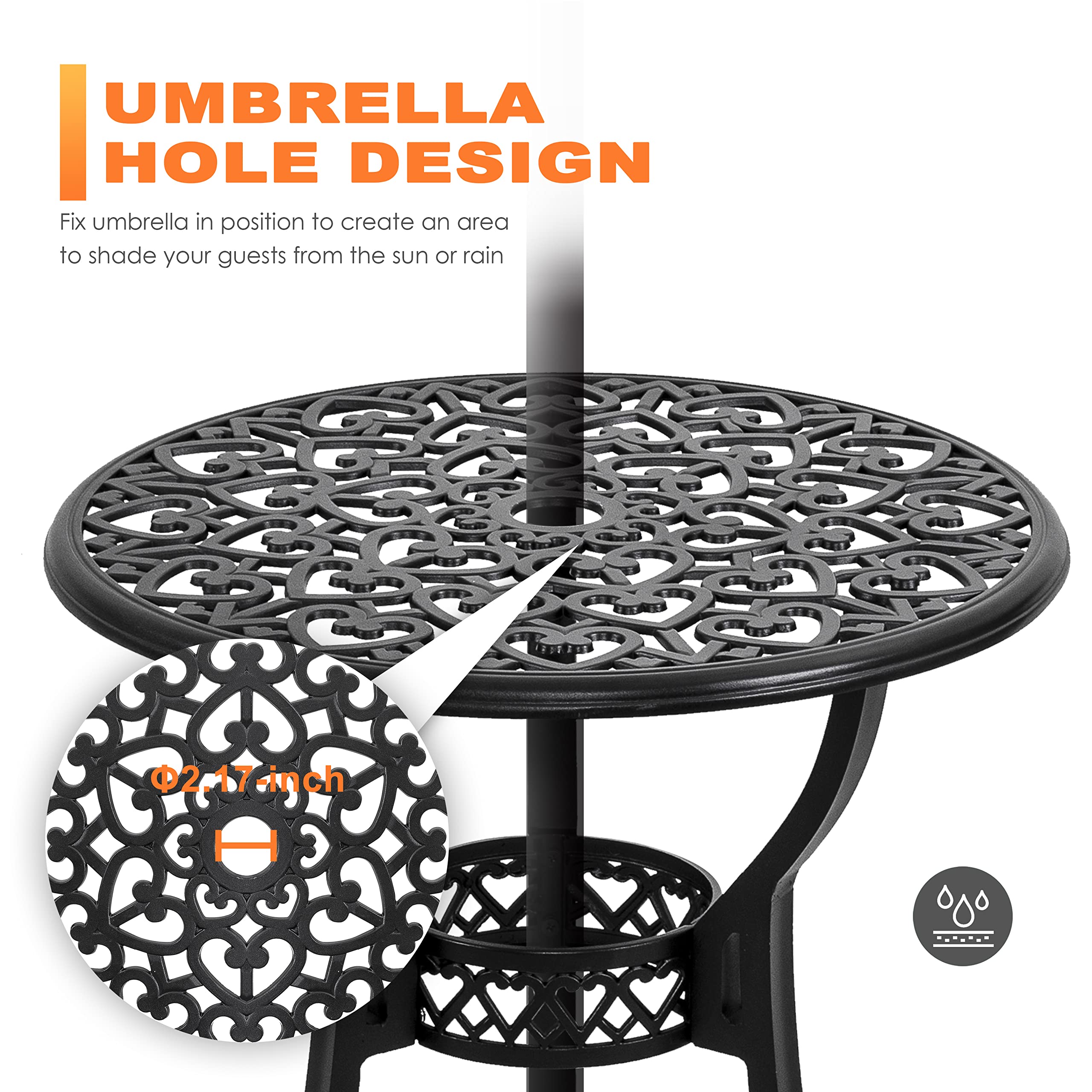 NUU GARDEN 3-Piece Outdoor Bistro Set - Cast Aluminum Patio Table & 2 Chairs with Umbrella Hole & Green Cushions - Black - Perfect for Backyard, Garden, Balcony & Small Outdoor Spaces