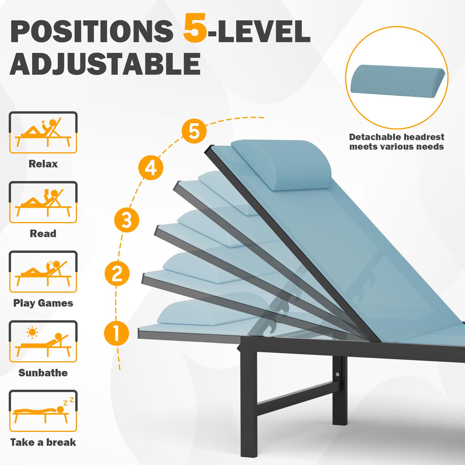 Outdoor Chaise Lounge Chair with Adjustable Backrest - Aluminum Patio Lounge Chair with Headrest Pillow - Perfect for Beach, Poolside & Backyard Relaxation (Blue)