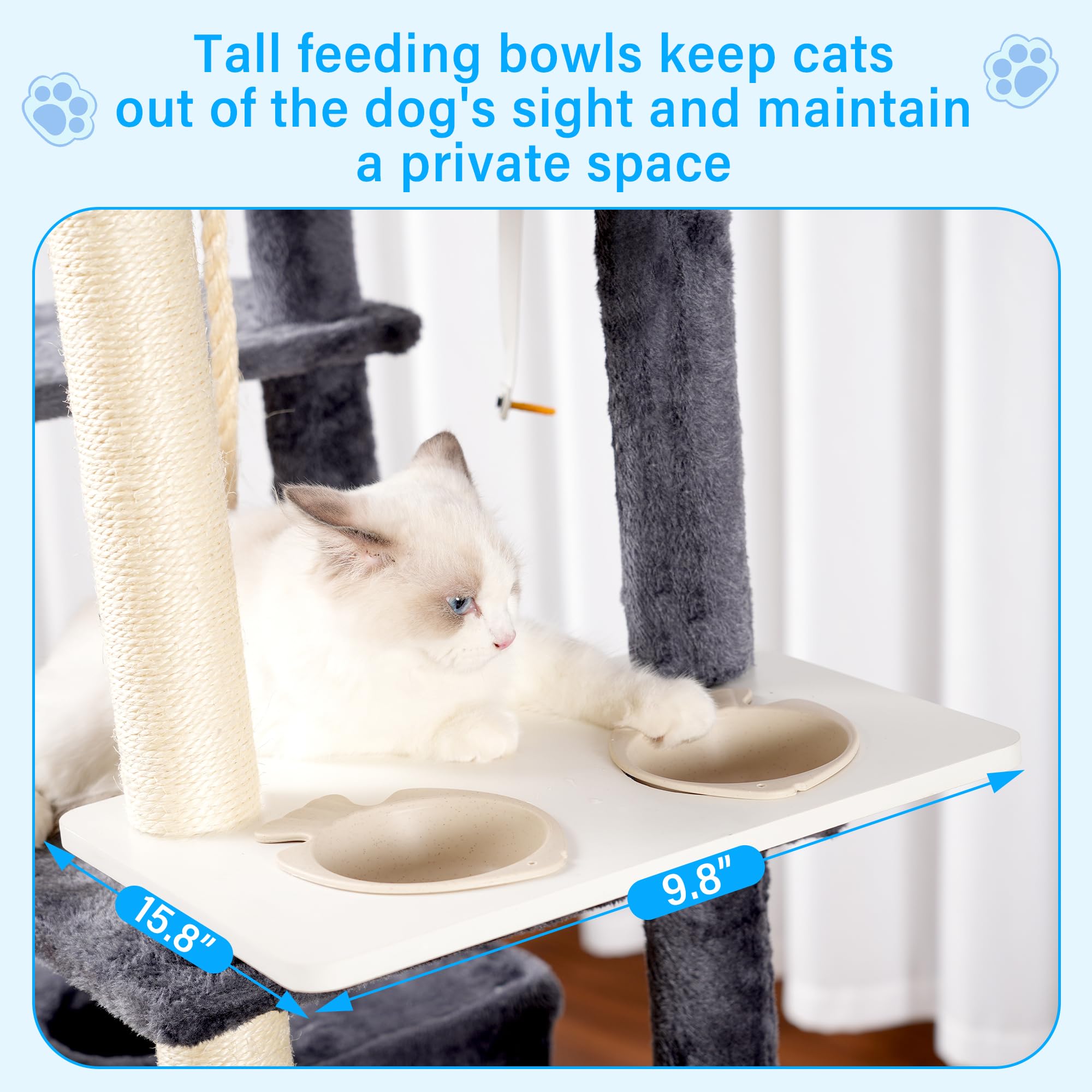 Hey-brother 70.8 Inches Multi-Level Cat Tree Tower for Large Cats - Heavy Duty Cat Condo with Scratching Posts, Baskets, Hammock & Food Bowls (Smoky Gray) - Perfect for Indoor Play, Climbing & Relaxation
