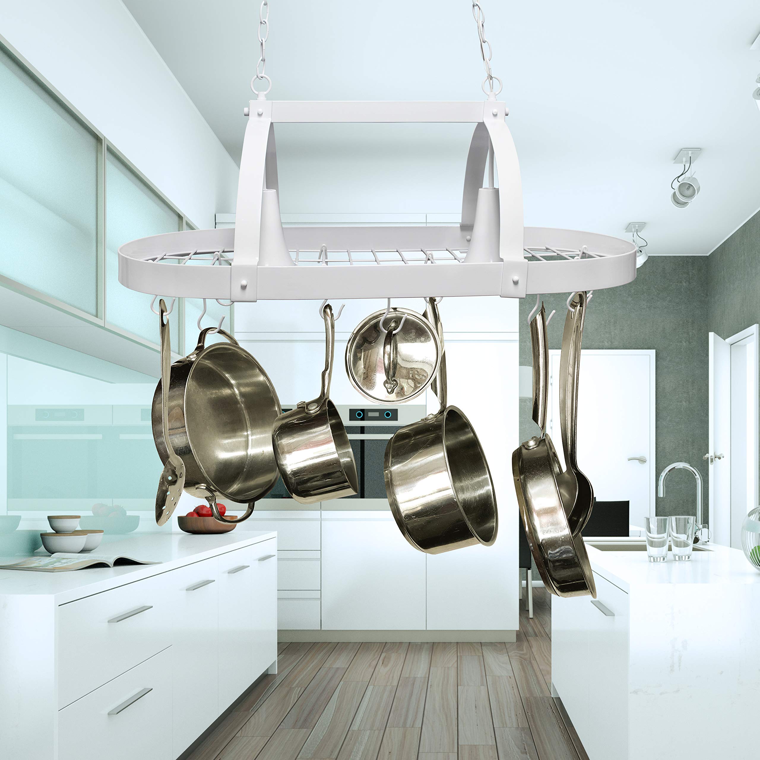 Elegant Designs PR1000-WHT 2-Light Kitchen Pot Rack with Built-in Downlights - White | Modern Hanging Cookware Organizer for Home & Restaurant Use