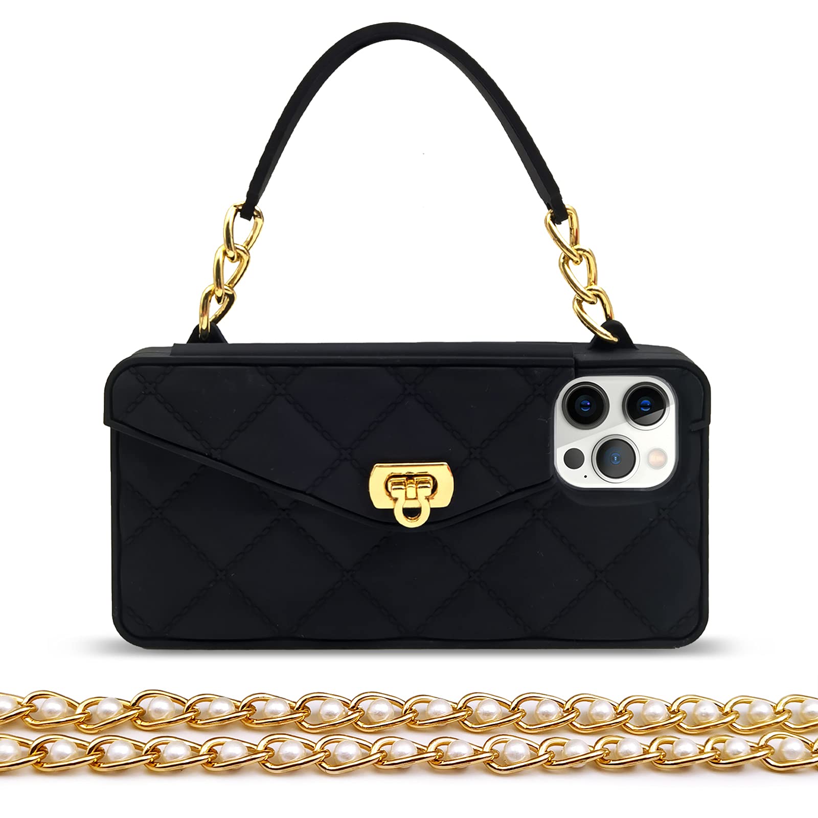 Luxury iPhone 13 Pro Max Wallet Case with Card Holder - Pearl Chain Crossbody Lanyard & Wrist Strap - Soft Silicone Protective Cover for Women & Girls (Black) - Perfect for Shopping, Travel & Everyday Use