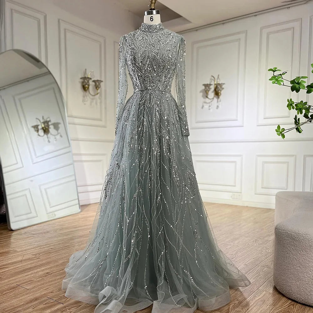 Elegant Blue Beaded A-Line Muslim Evening Dress for Women - Luxury Dubai Abaya Gown for Wedding, Party & Special Occasions | Serene Hill Collection 2025 LA72302A | Perfect for Formal Events, Evening Galas & Bridal Showers