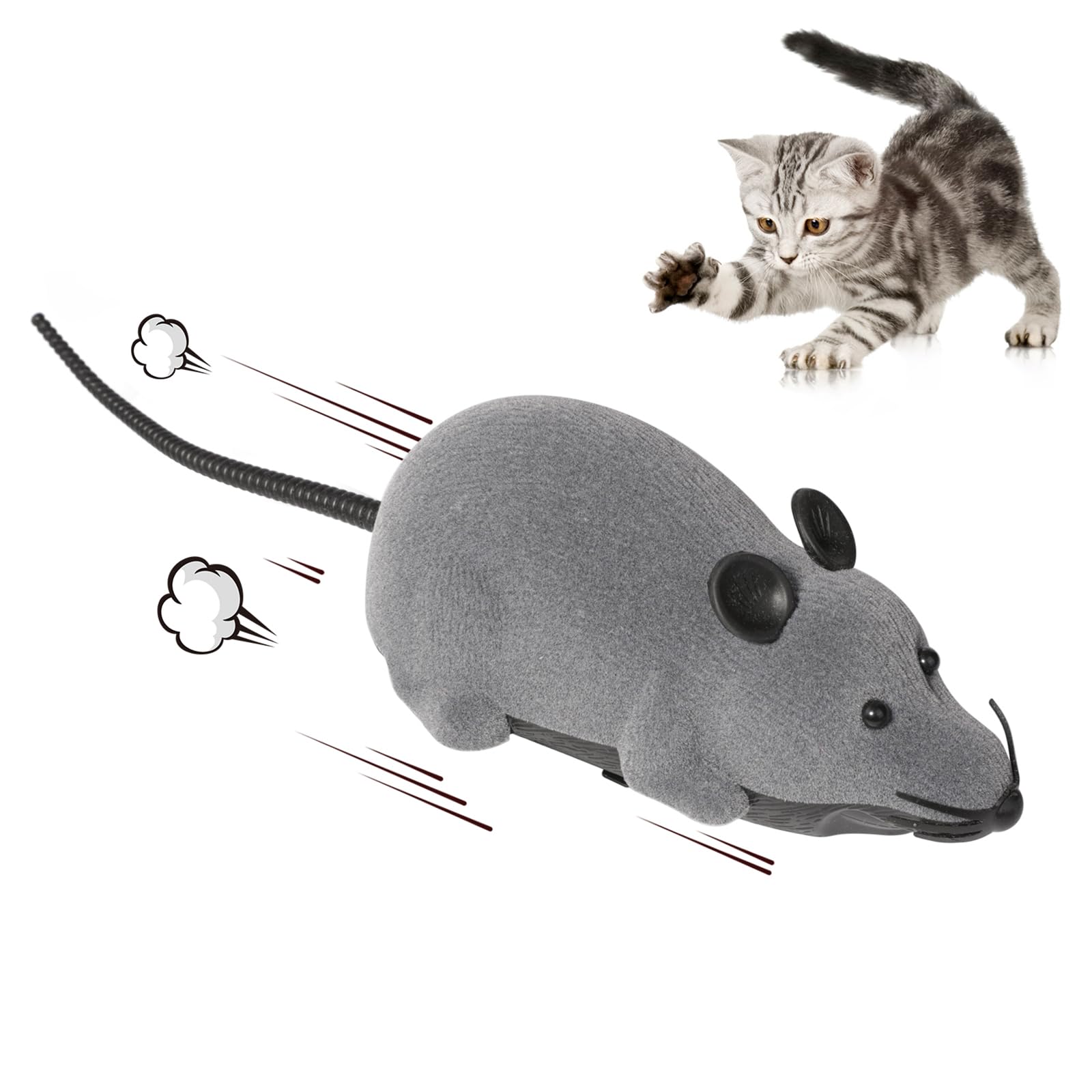 Auto Moving Mouse Cat Toy - Interactive Wireless Electronic Fake Mouse Rat Pet Toy with Running Wheel - Plush Rat Chasing Prank Toy for Cats, Dogs & Kids - Novelty Gift for Indoor Play & Exercise (Grey, No Controller) By Greatstar