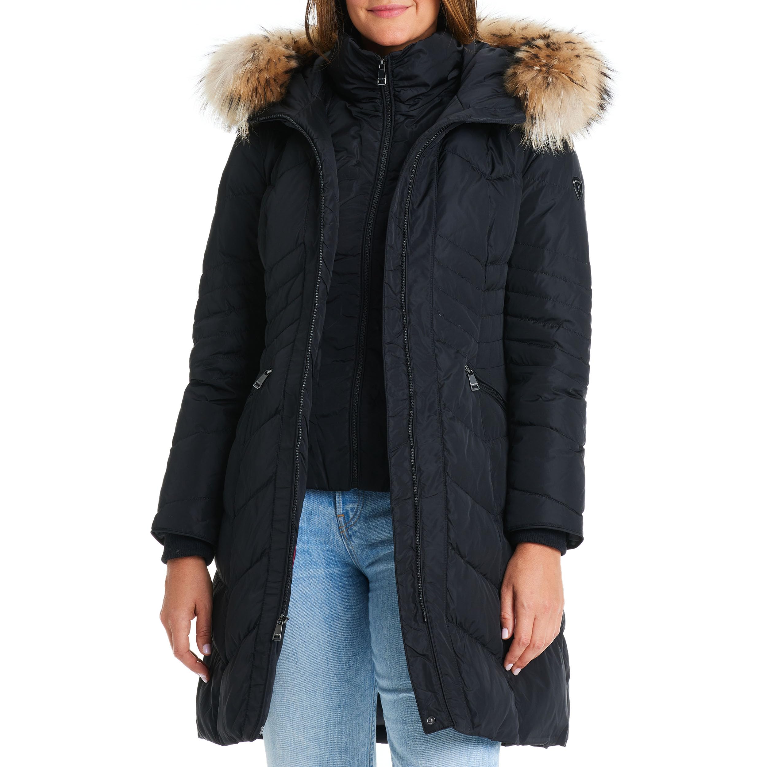One Madison Women's Nylon Down Winter Coat with Genuine Fur Trim - Warm Hooded Puffer Jacket for Cold Weather | Winter Fashion, Outdoor Activities, Snow Sports, Daily Commute