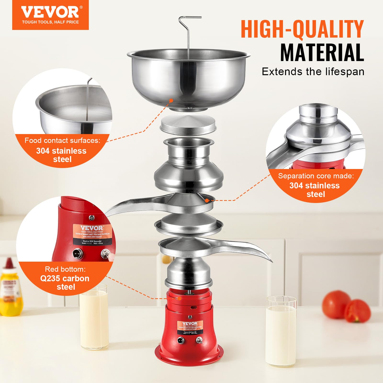 VEVOR Electric Milk Cream Separator, 304 Stainless Steel Goat & Cow Milk Skimmer, 100L/H 10500RPM, 30W 5L Bowl Capacity, 100-240V - Perfect for Home Dairy, Farm Use & Small Business Cheese Making