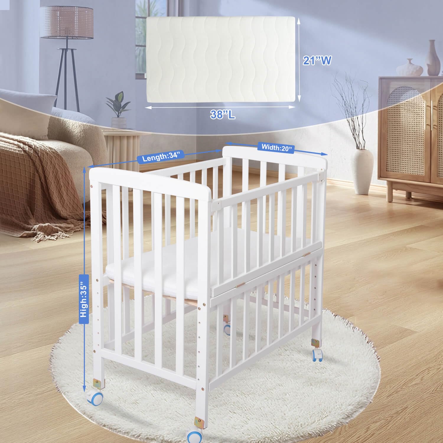 **Pine Wood Baby Bassinet Bedside Sleeper - Adjustable 6 Height Co-Sleeper Crib with Mattress for Newborns & Infants | Portable Nursery Bed for Safe Sleep, Breastfeeding & Room Sharing (White)**