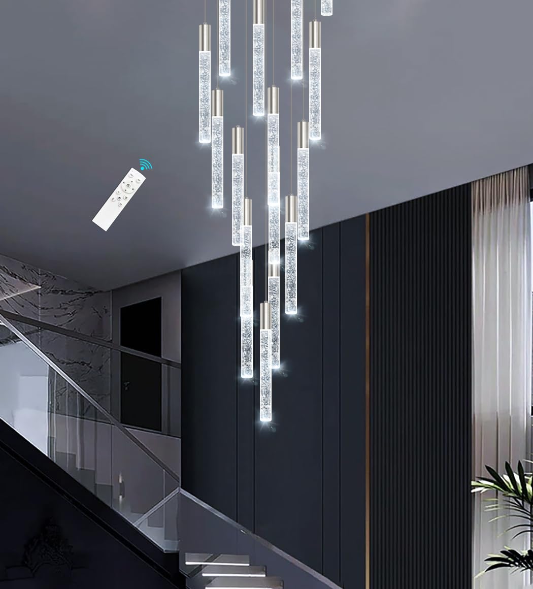 118 Inch Long Light Glam Chandelier - Bubble Crystal Linear Ceiling Pendant with Remote Control & Dimmable LED - Adjustable High Ceiling Light Fixture (12-Lights, Silver) - Perfect for Dining Rooms, Living Rooms, and Grand Entryways