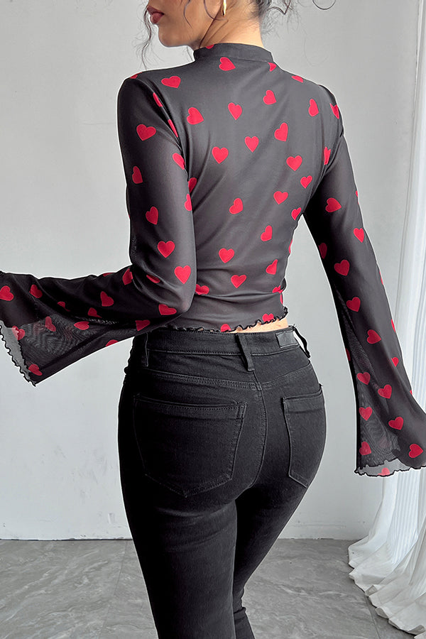 Stylish Printed Mesh Trumpet Sleeve Slim Fit Blouse for Women | Fashionable Party & Evening Wear