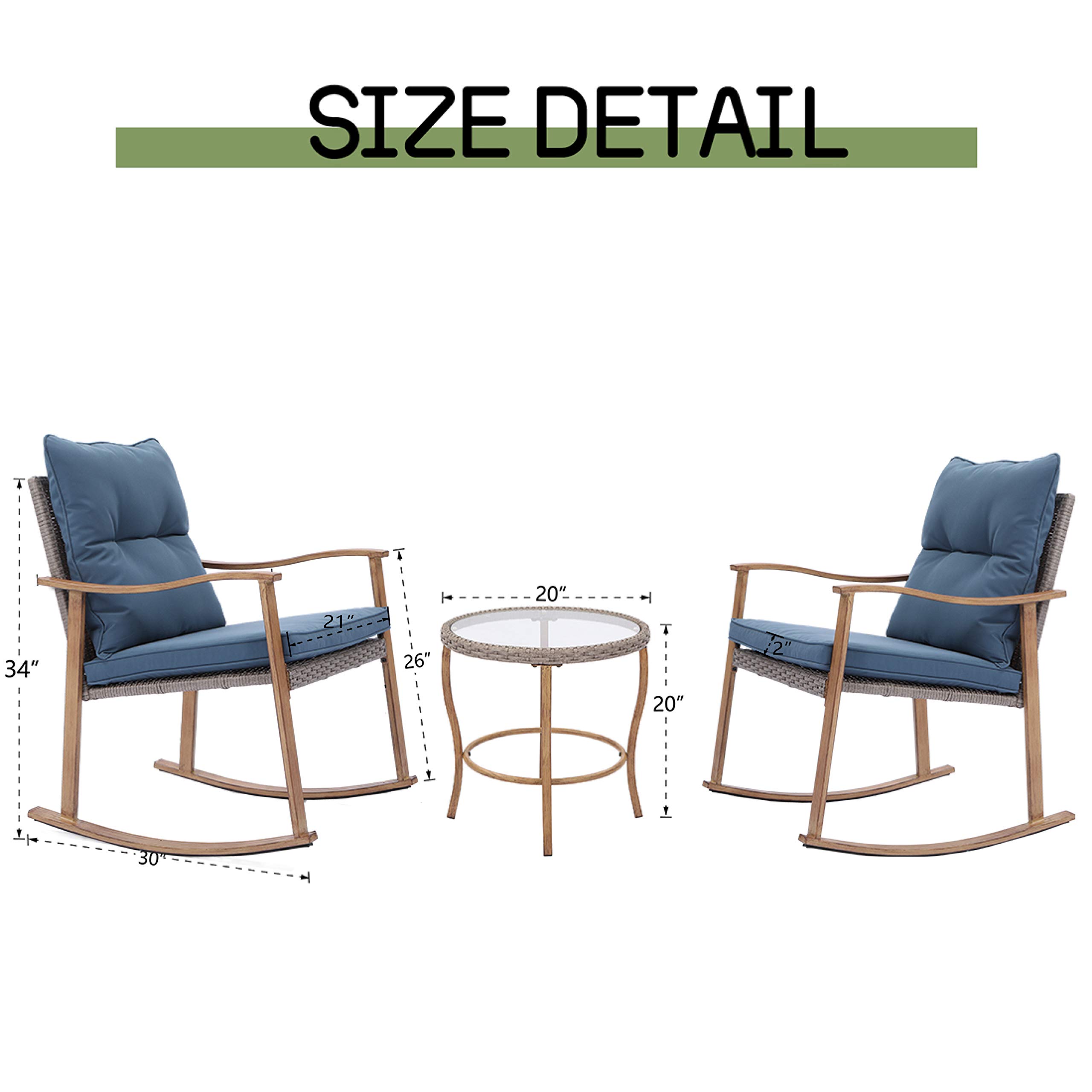 HOMPUS 3-Piece Outdoor Rocking Chair Set with Wicker Patio Furniture, Wood Armrests & Warm Gray Cushions - Includes Glass Coffee Table for Porch, Balcony, Garden | Perfect for Relaxing, Entertaining & Outdoor Dining