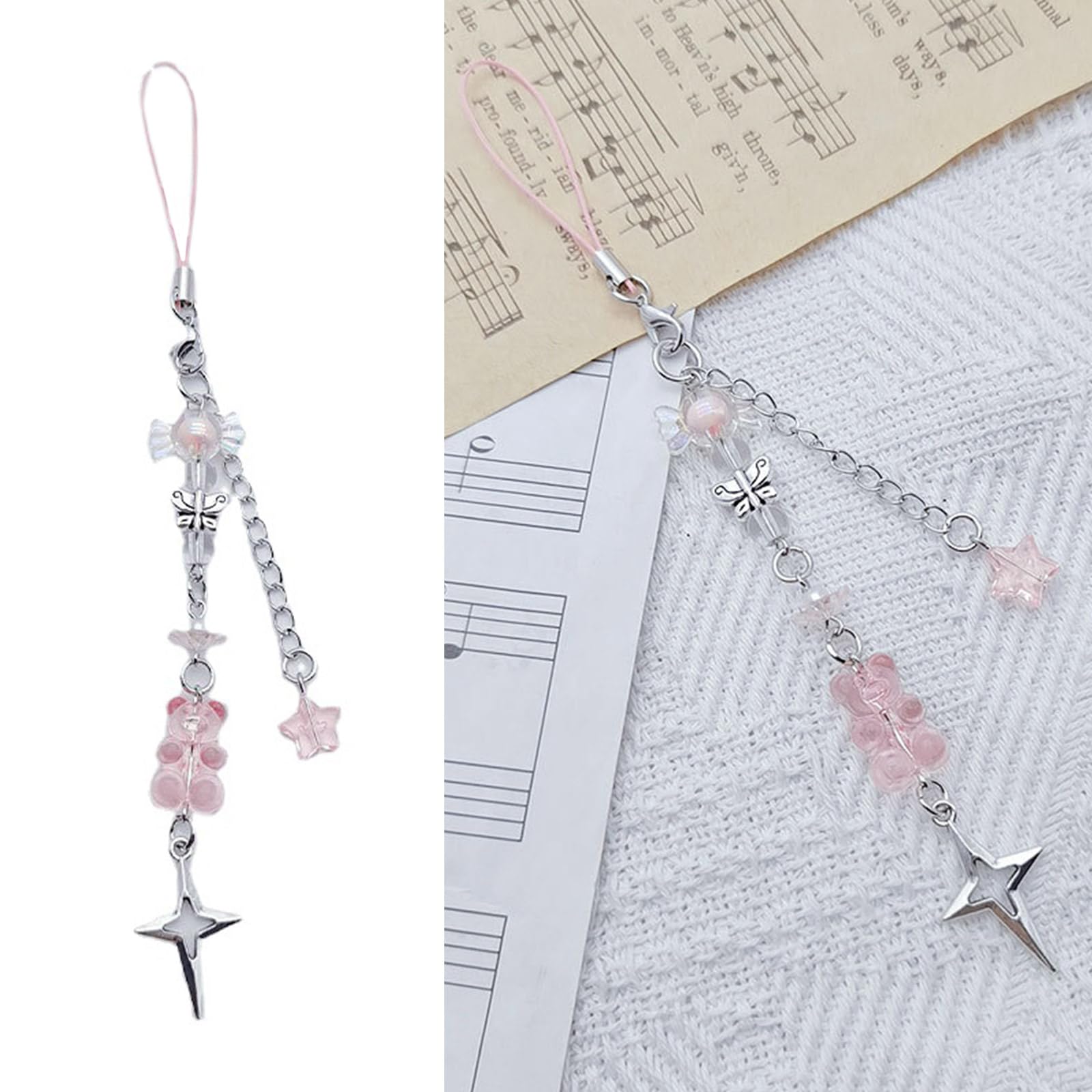 Cute Butterfly Bear Keychain - Anti-Lost Beaded Pearl Phone Lanyard for iPhone Samsung - Stylish Phone Accessory for Women Girls (Perfect for Keys, Bags, Backpacks & Gifts)